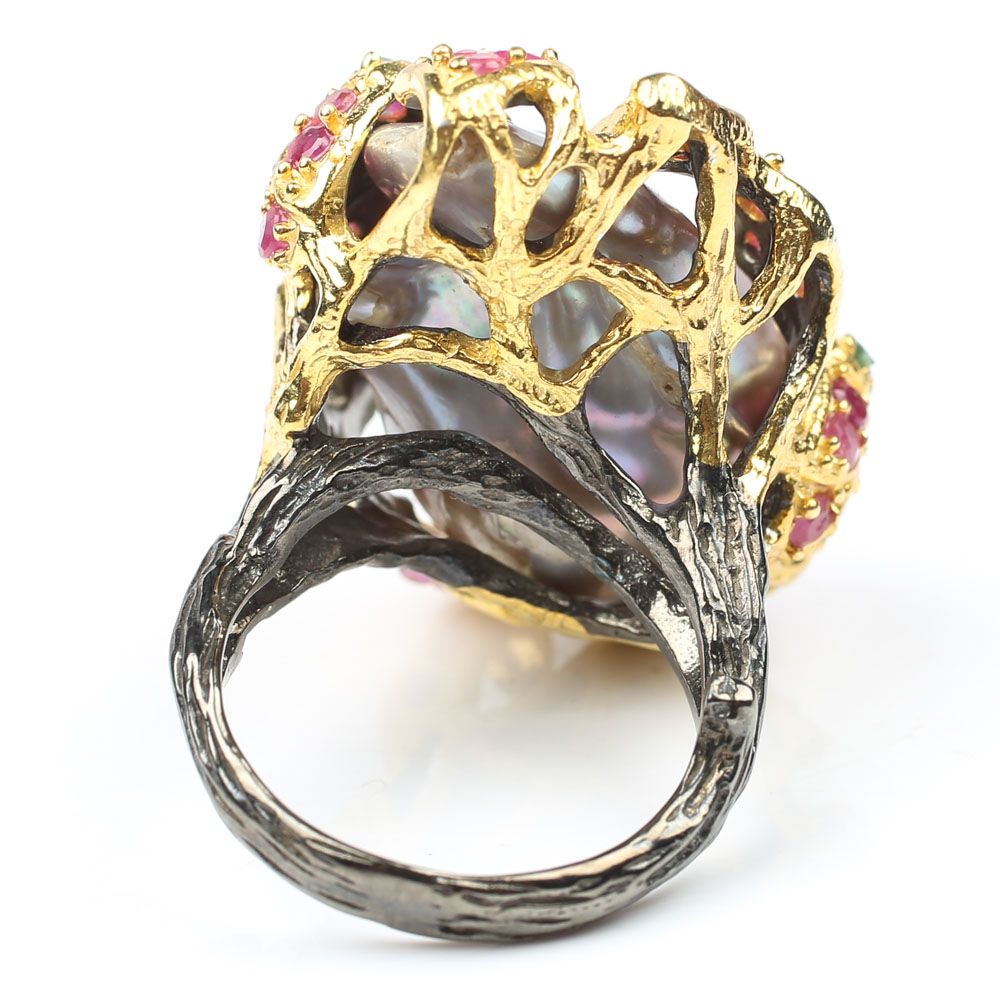 Sterling Freshwater Pearl, 1.56 CTW Ruby and Emerald Ring with Gold Wash