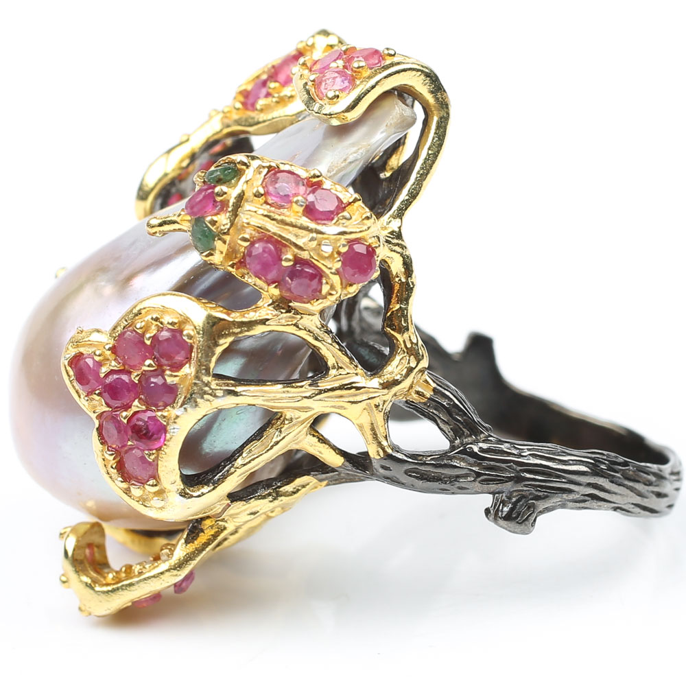 Sterling Freshwater Pearl, 1.56 CTW Ruby and Emerald Ring with Gold Wash