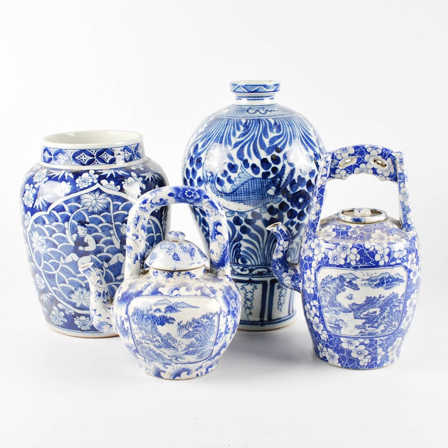 Chinese Blue and White Hand-Painted Vases with Transferware Teapots