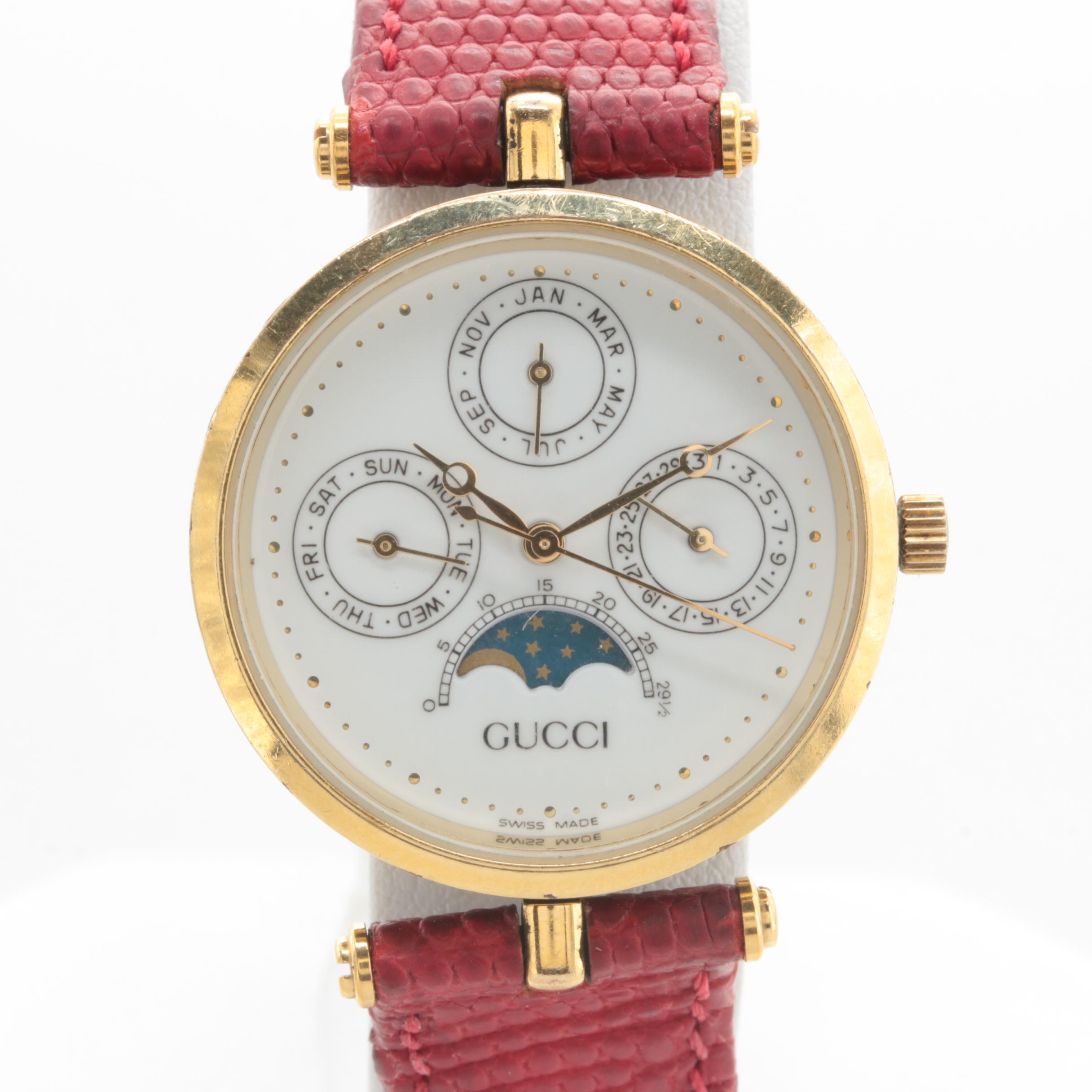 Gucci Gold Tone and Enameled Red Leather Strap Watch