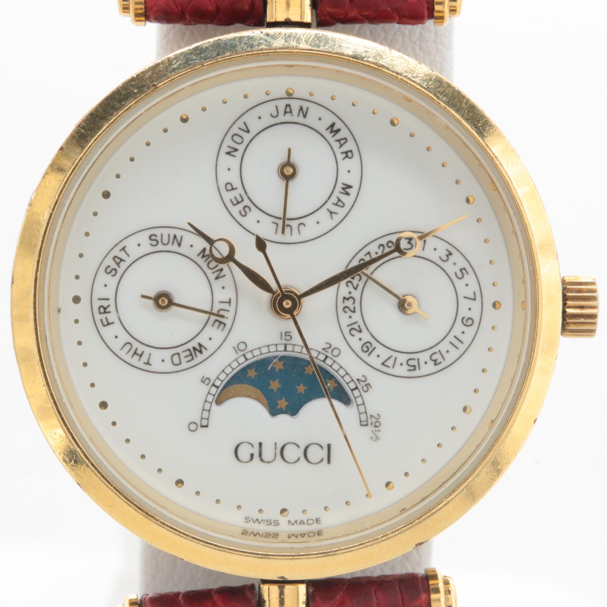 Gucci Gold Tone and Enameled Red Leather Strap Watch
