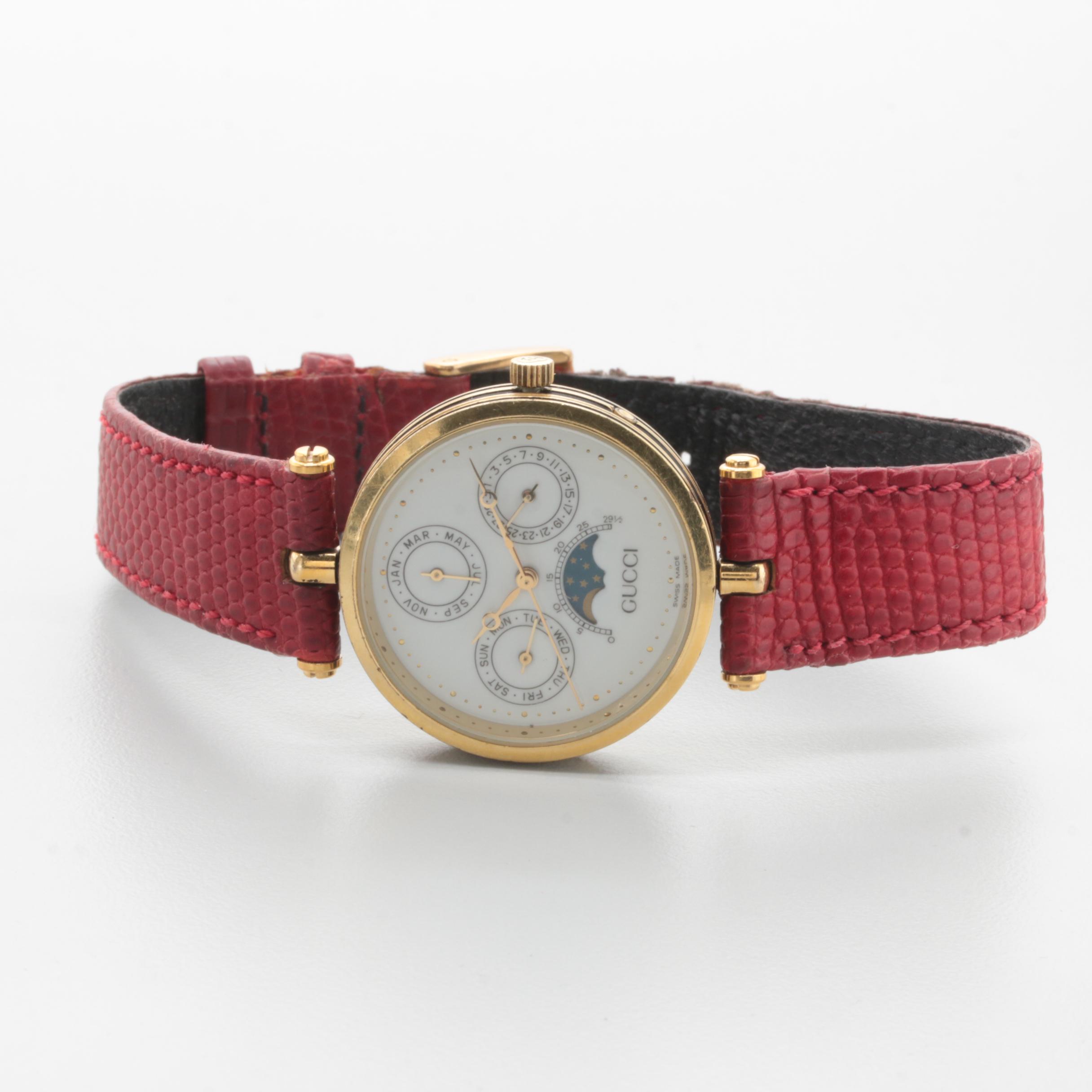Gucci Gold Tone and Enameled Red Leather Strap Watch