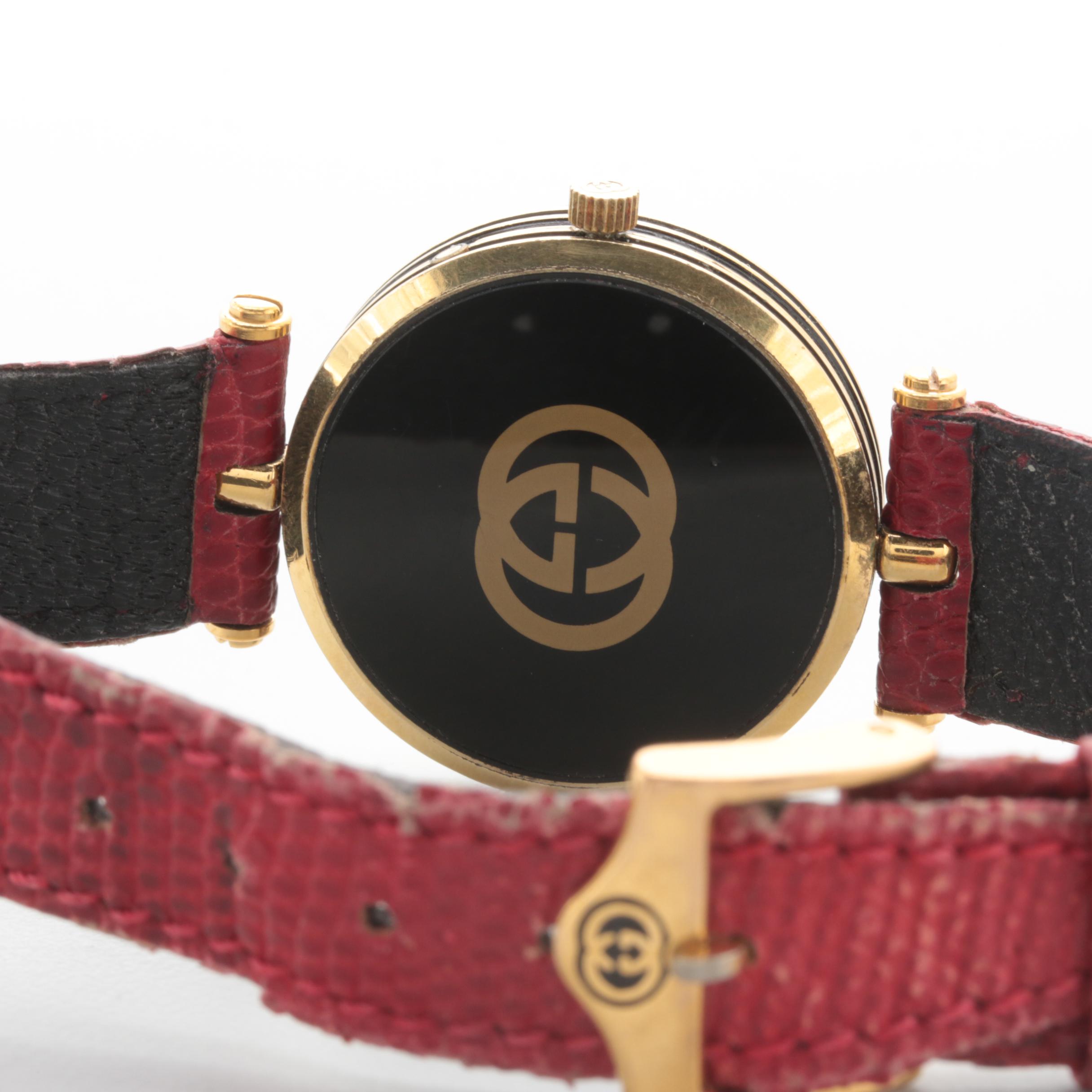 Gucci Gold Tone and Enameled Red Leather Strap Watch