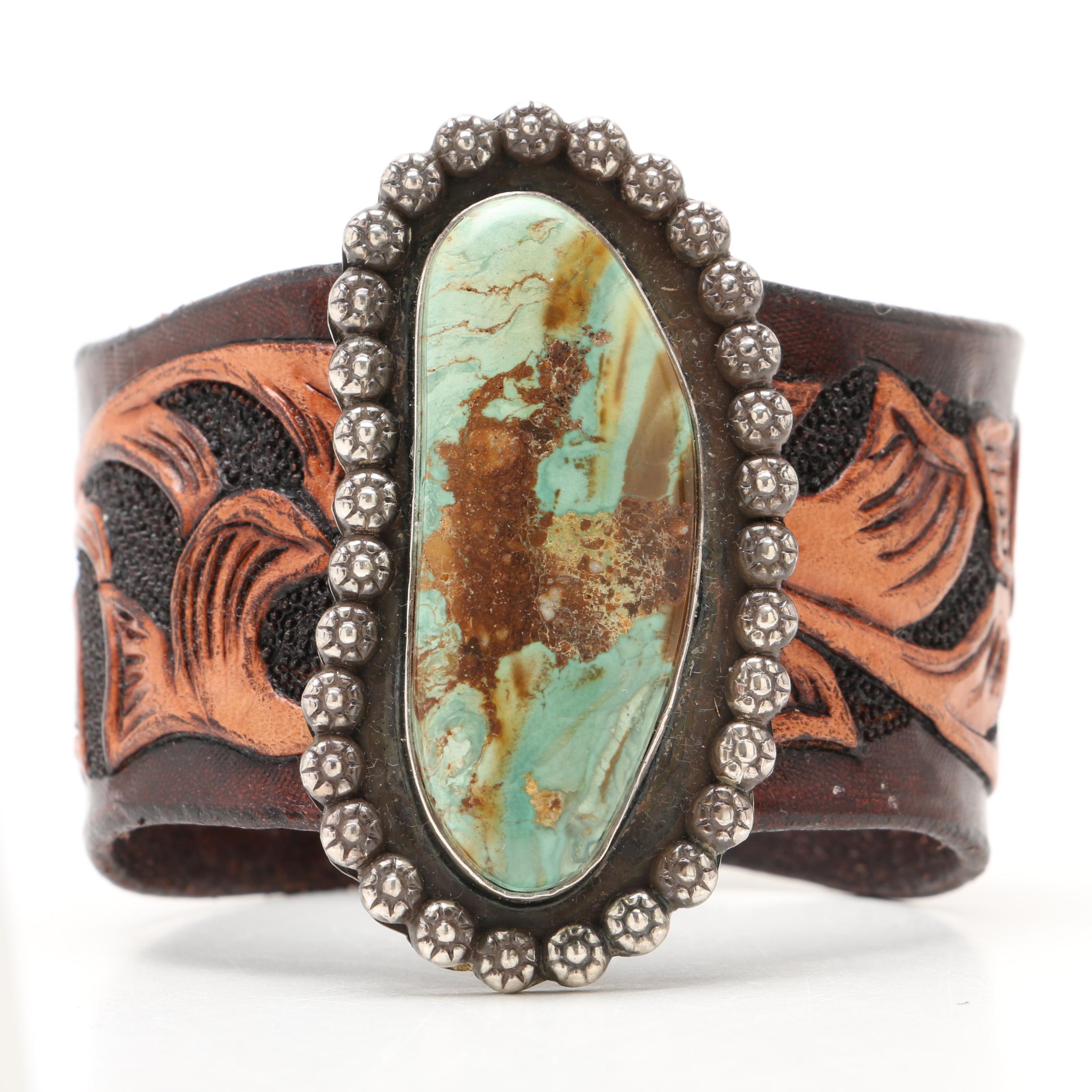 Southwestern Sterling Silver and Hand Tooled Leather with Turquoise Bracelet
