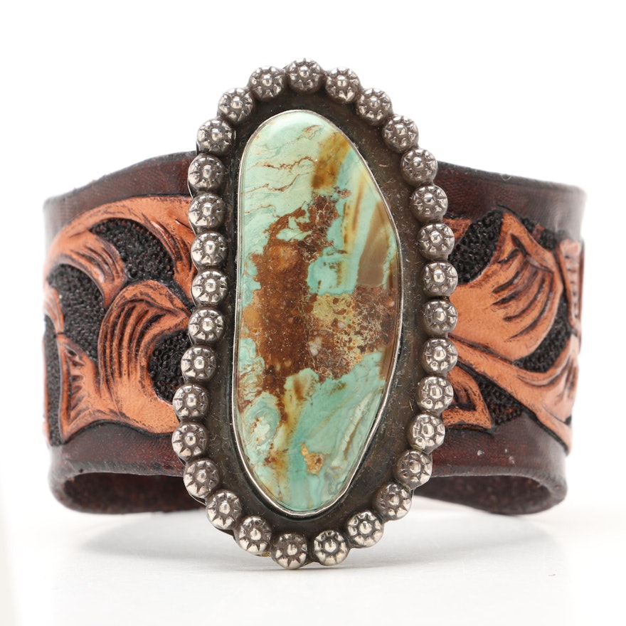 Southwestern Sterling Silver and Hand Tooled Leather with Turquoise Bracelet