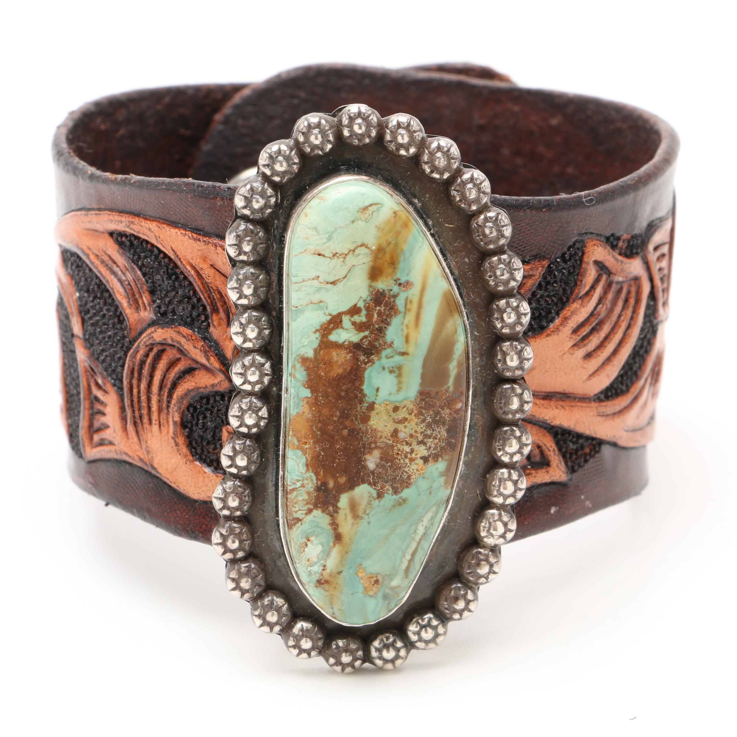 Southwestern Sterling Silver and Hand Tooled Leather with Turquoise Bracelet