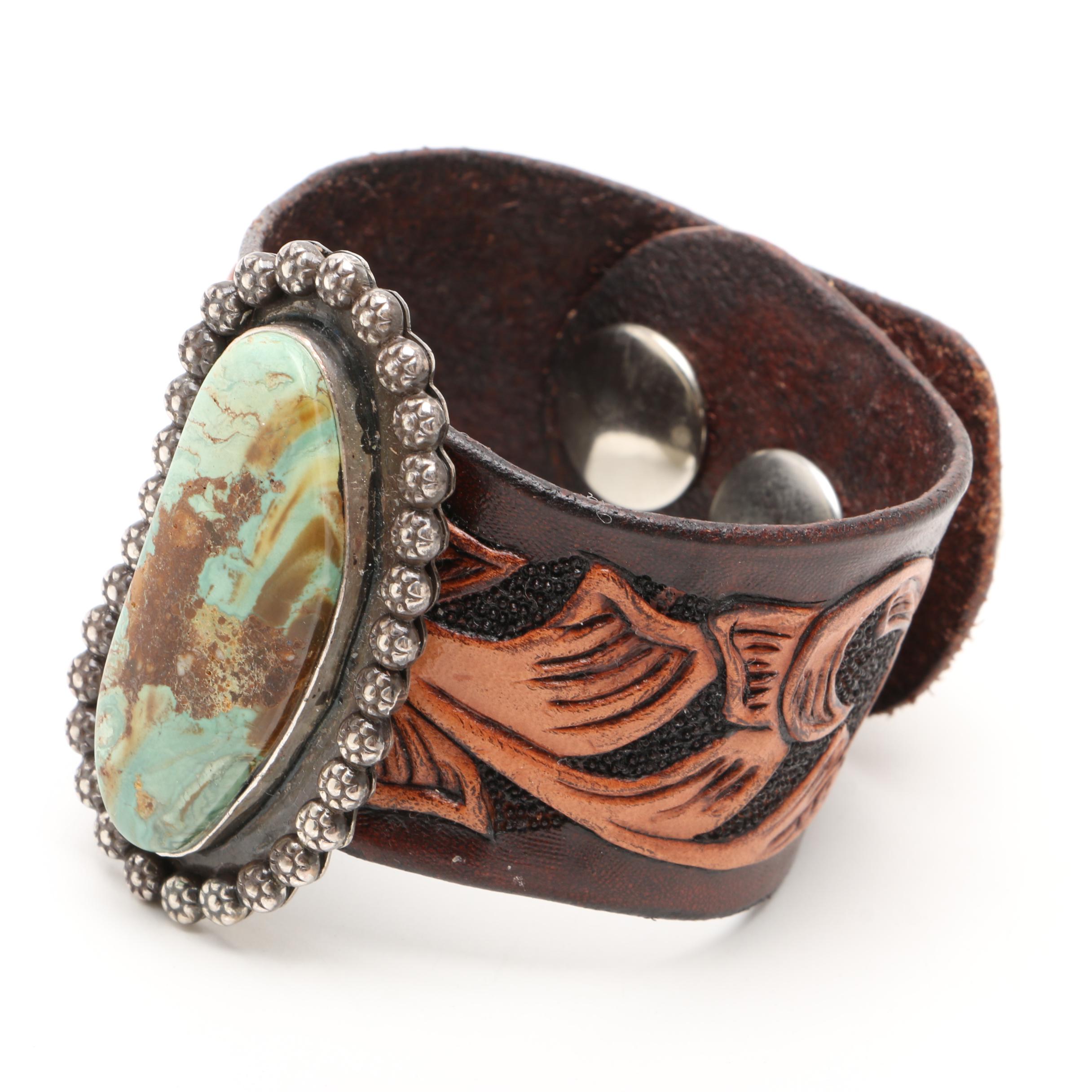 Southwestern Sterling Silver and Hand Tooled Leather with Turquoise Bracelet