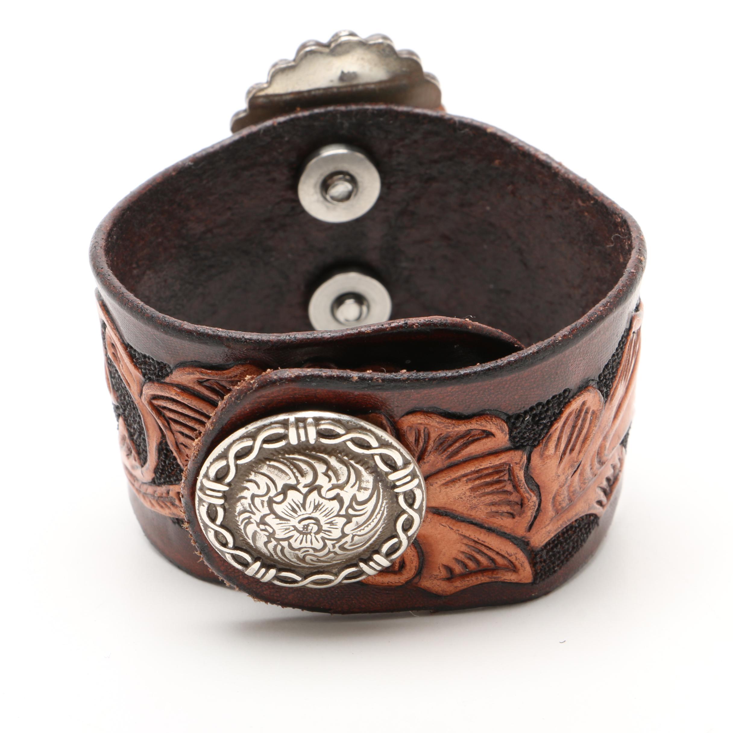 Southwestern Sterling Silver and Hand Tooled Leather with Turquoise Bracelet