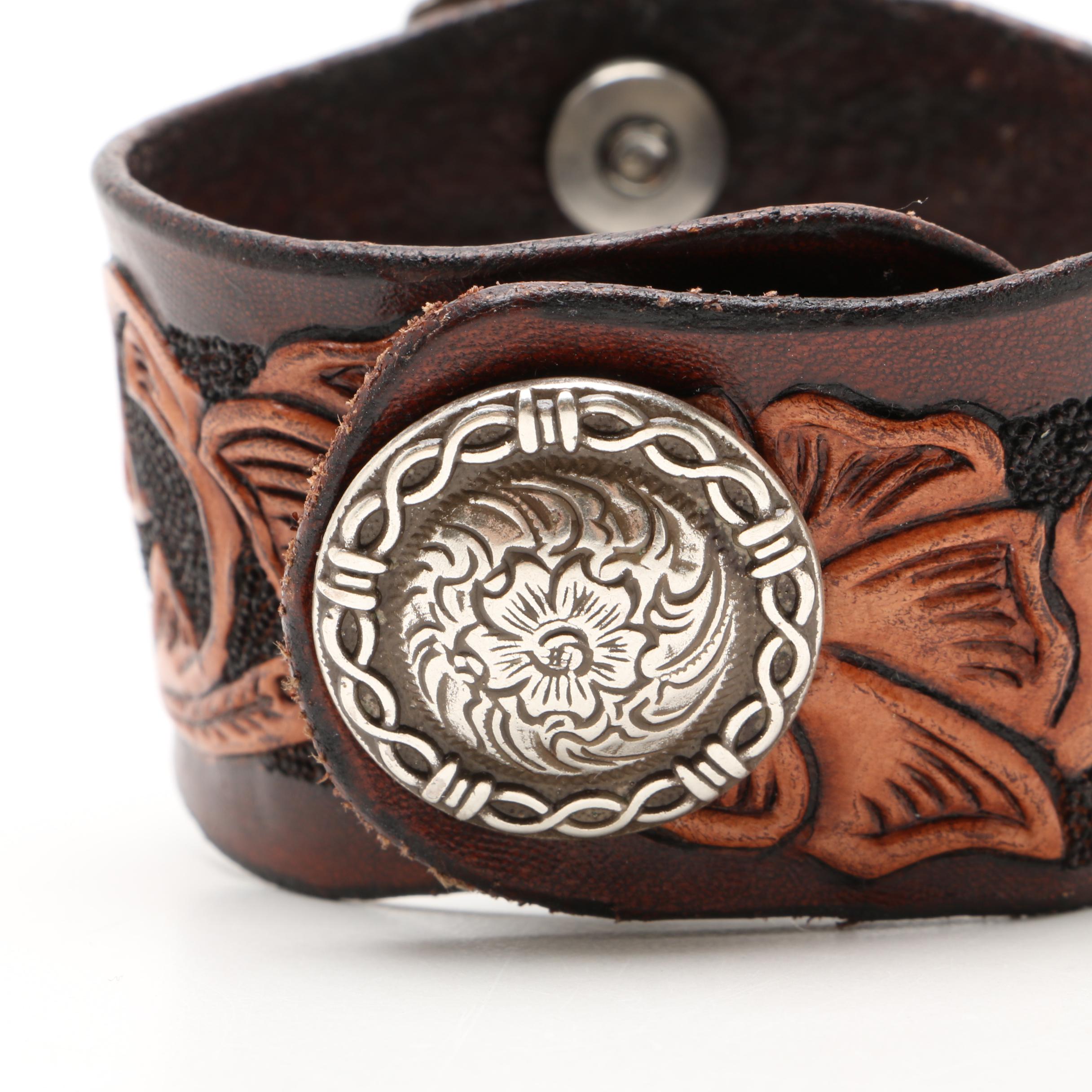 Southwestern Sterling Silver and Hand Tooled Leather with Turquoise Bracelet