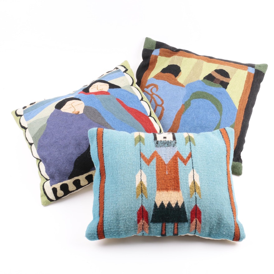 Irene Klar Design Hand Embroidered Wool and Cotton Throw Pillows