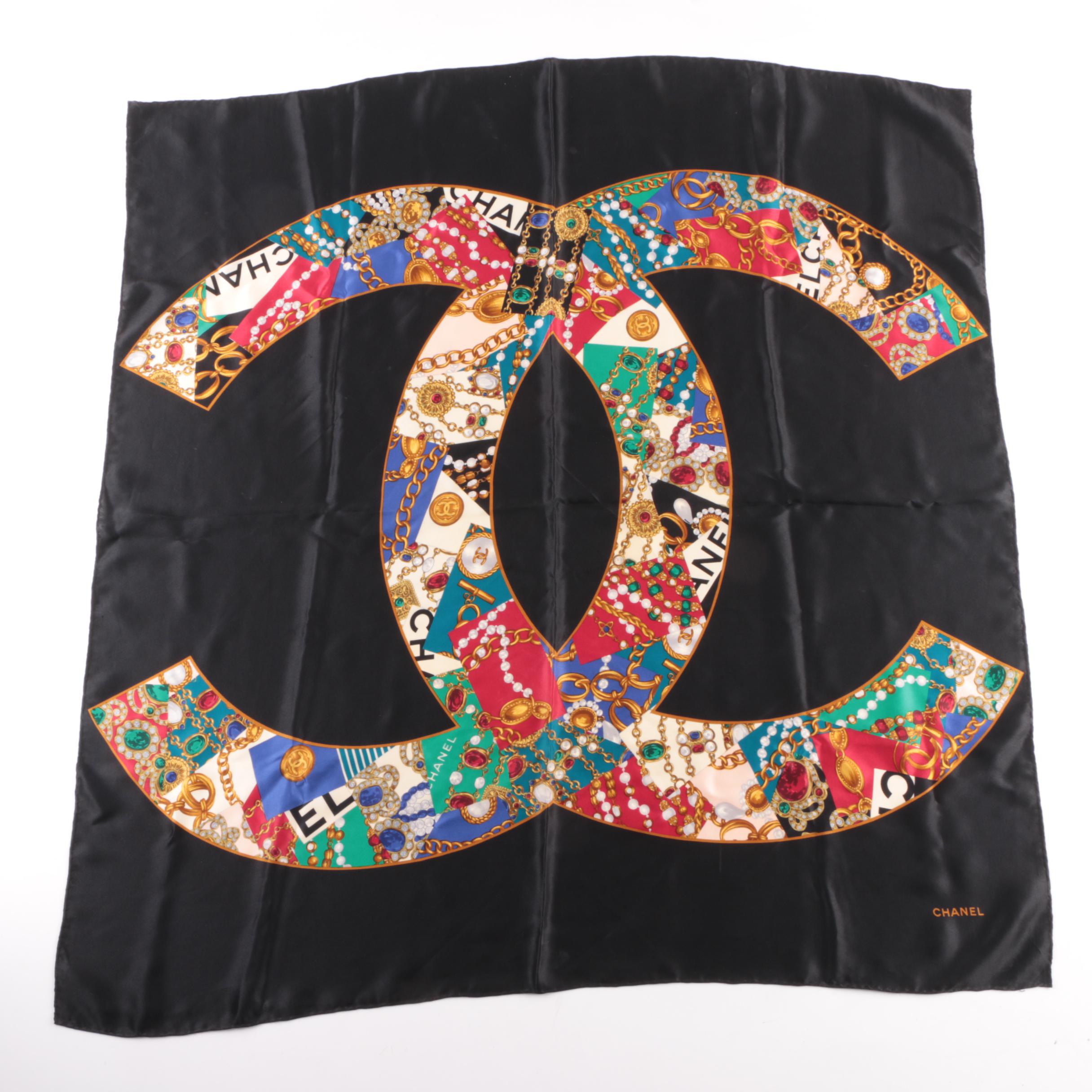 Vintage Chanel Signature Logo Black Silk Scarf