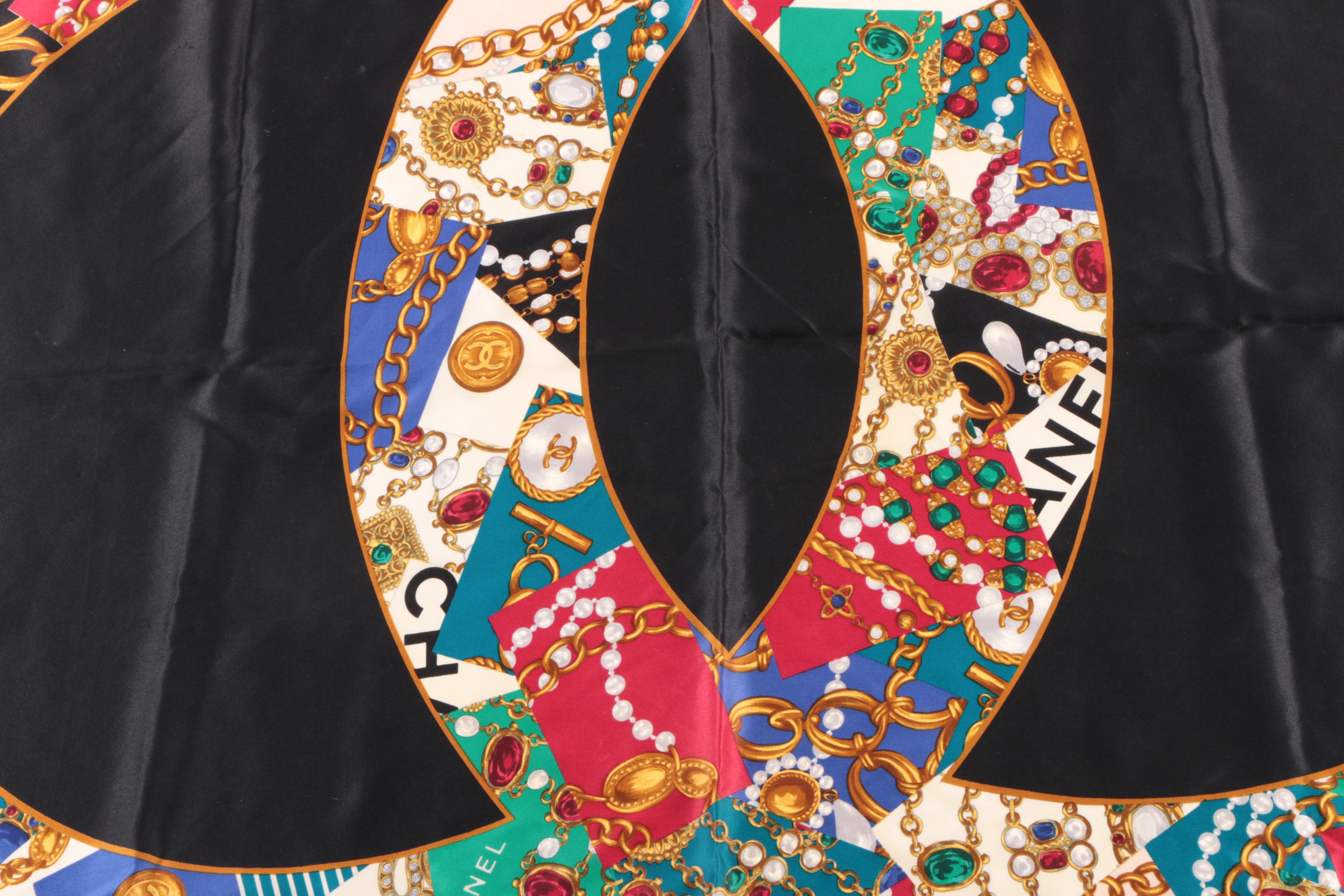 Vintage Chanel Signature Logo Black Silk Scarf