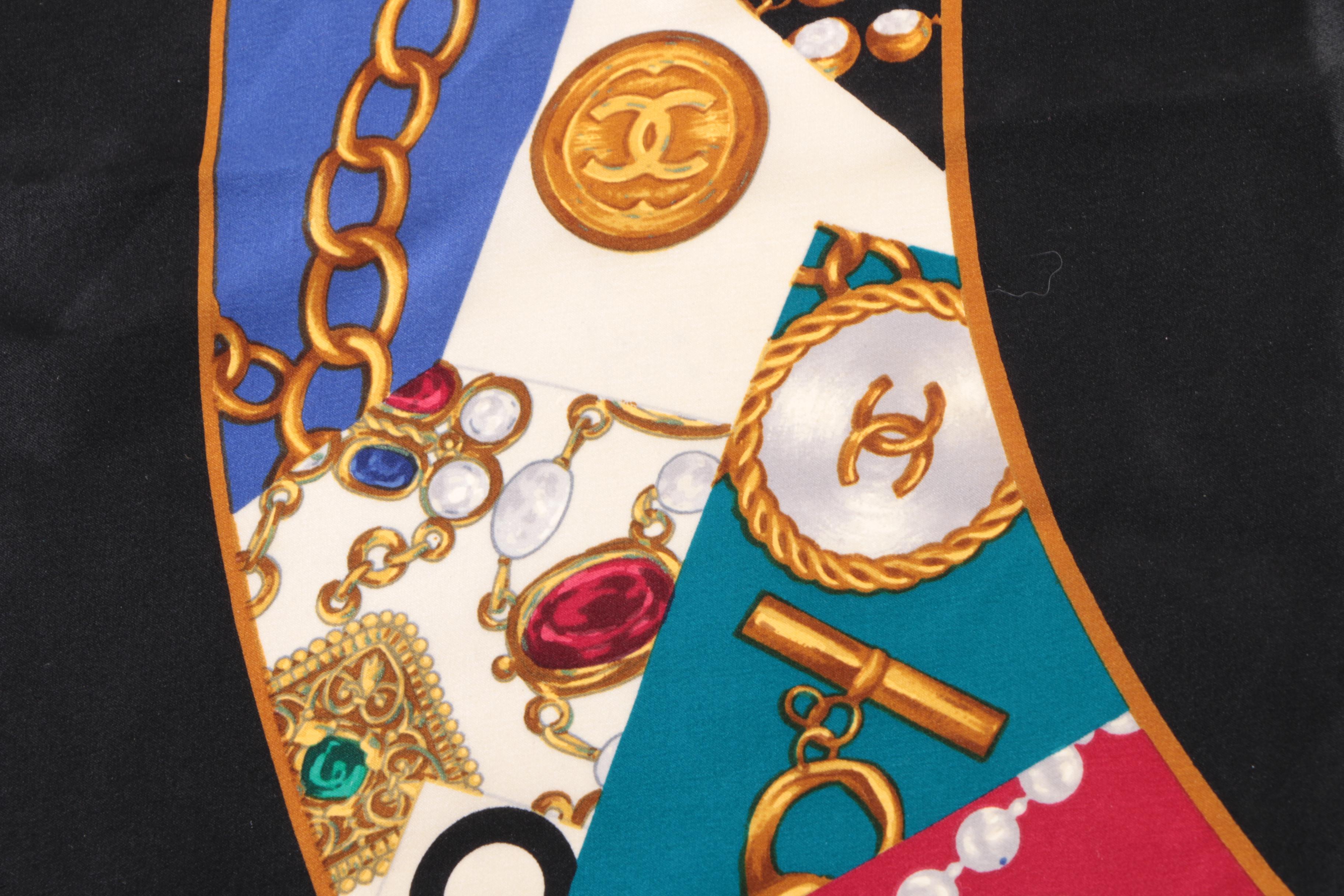 Vintage Chanel Signature Logo Black Silk Scarf