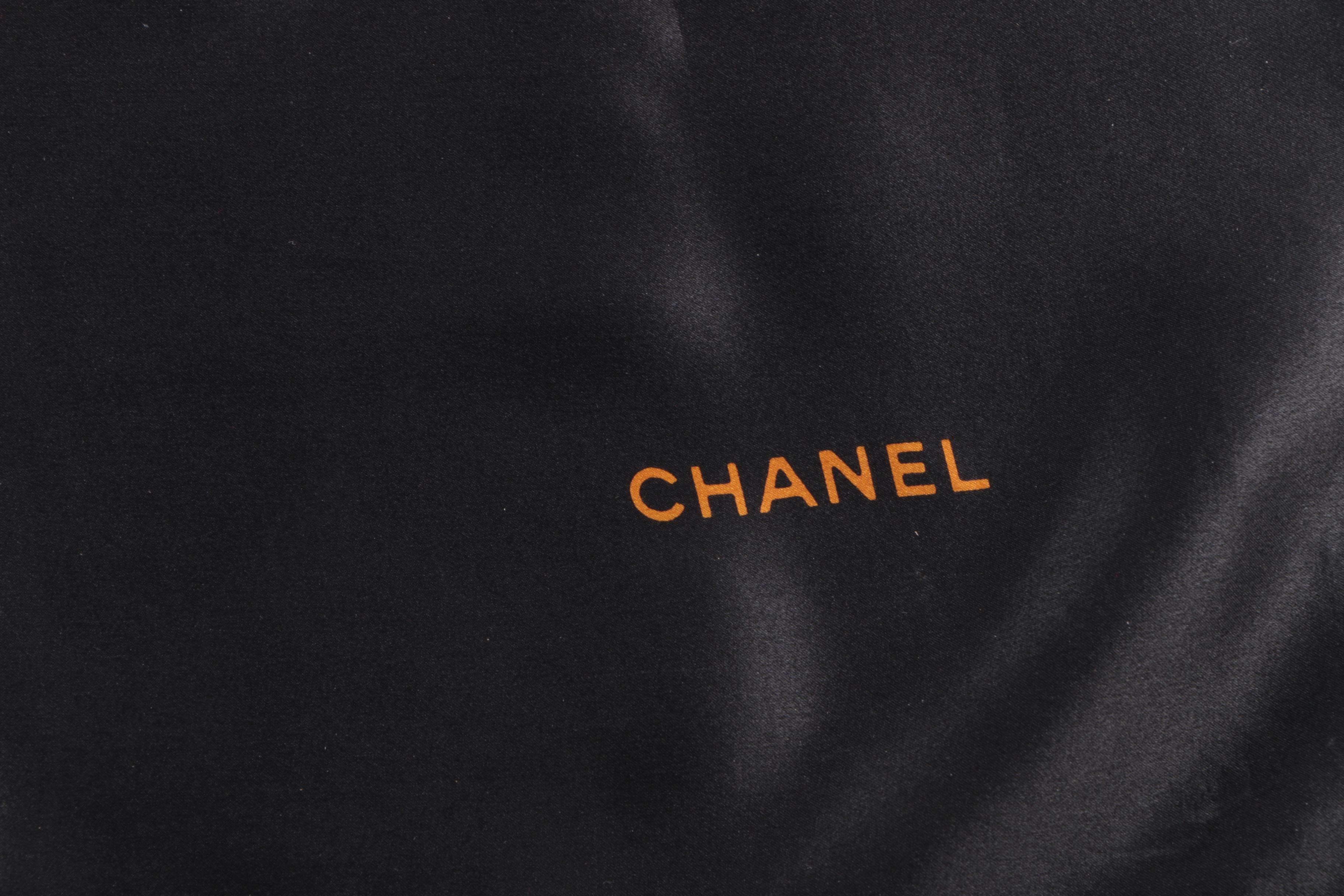 Vintage Chanel Signature Logo Black Silk Scarf