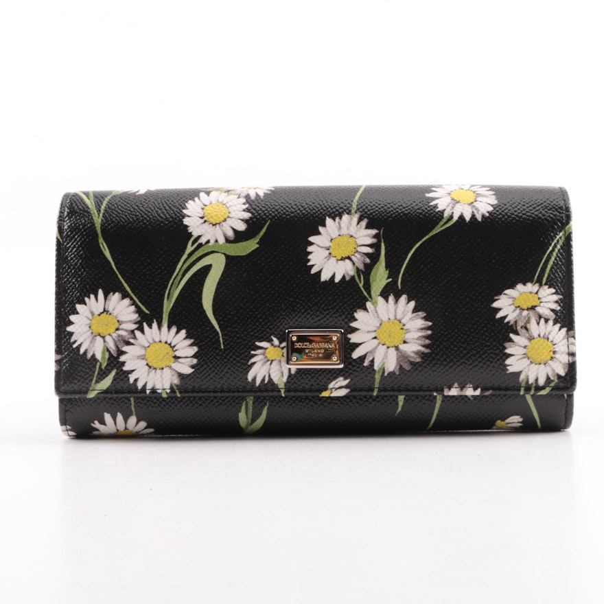Dolce & Gabbana Dauphine Daisy Print Pebbled Leather Wallet