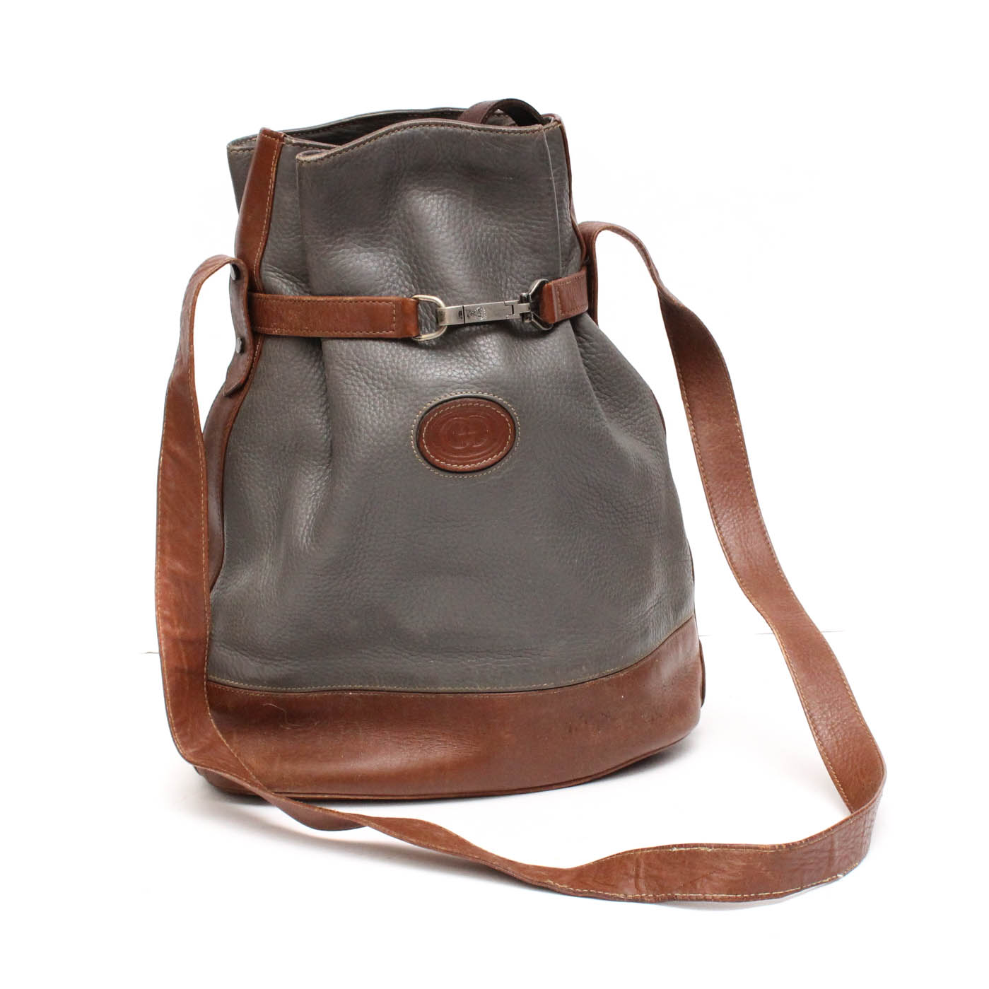 Vintage Gucci Pebble Leather Bucket Bag Trimmed in Chestnut Brown Leather