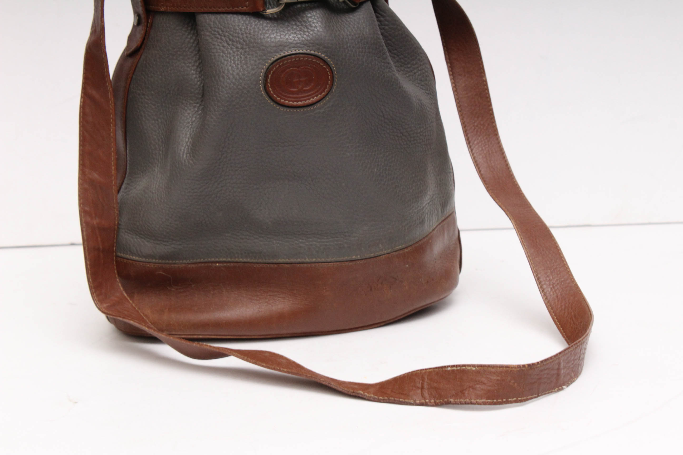 Vintage Gucci Pebble Leather Bucket Bag Trimmed in Chestnut Brown Leather