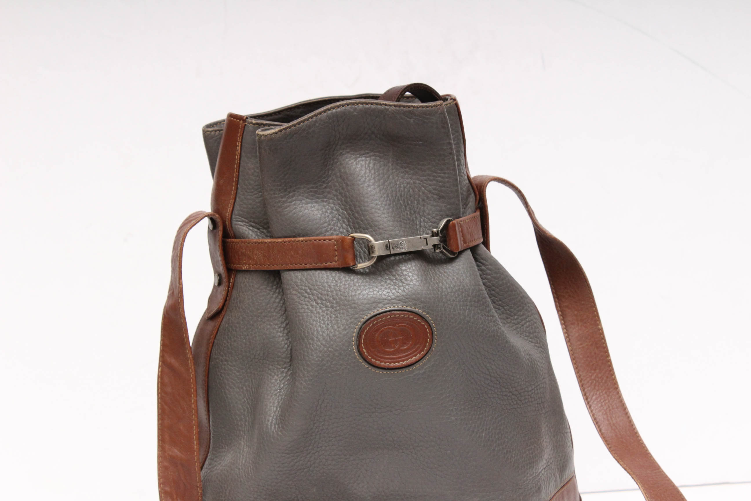 Vintage Gucci Pebble Leather Bucket Bag Trimmed in Chestnut Brown Leather