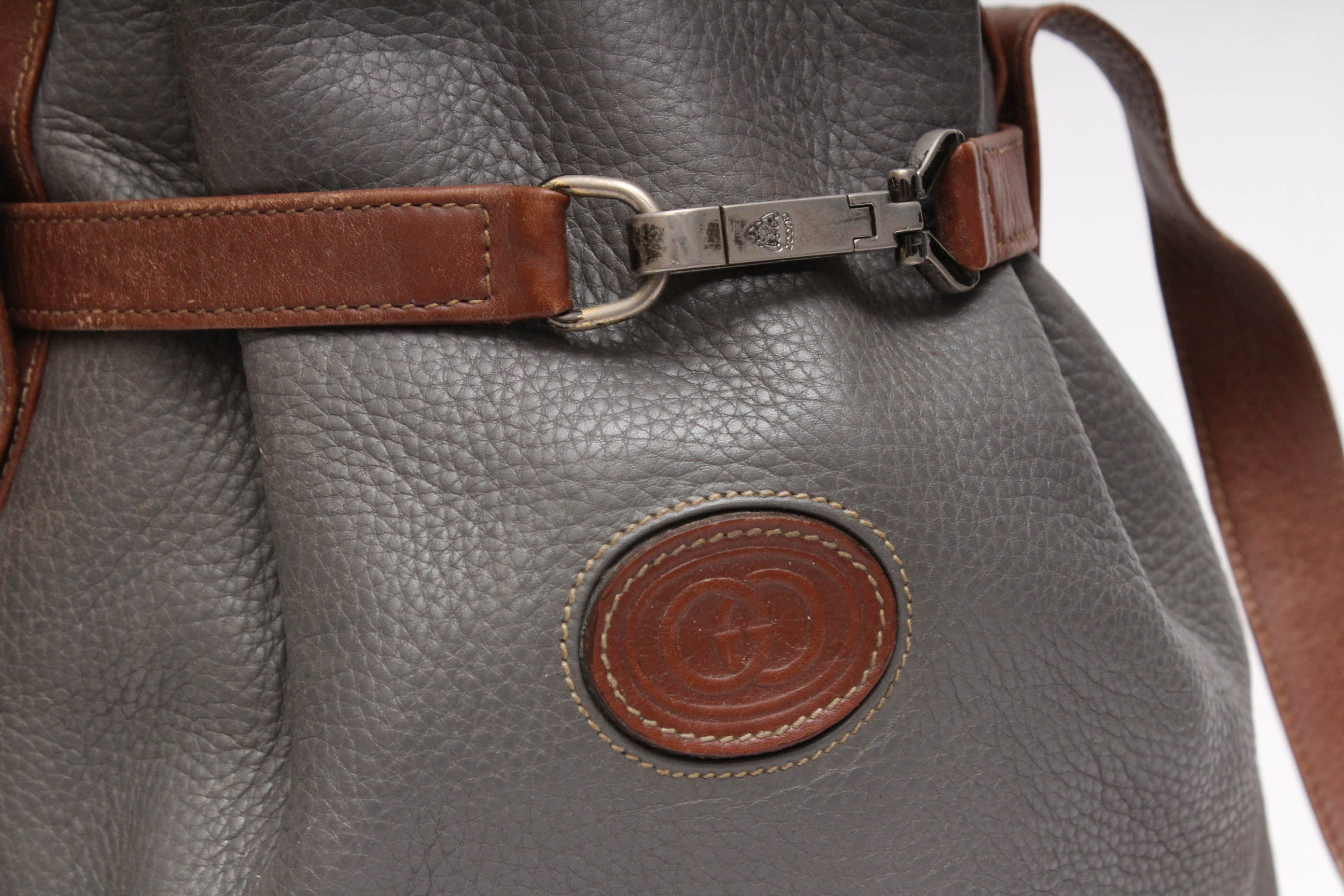 Vintage Gucci Pebble Leather Bucket Bag Trimmed in Chestnut Brown Leather