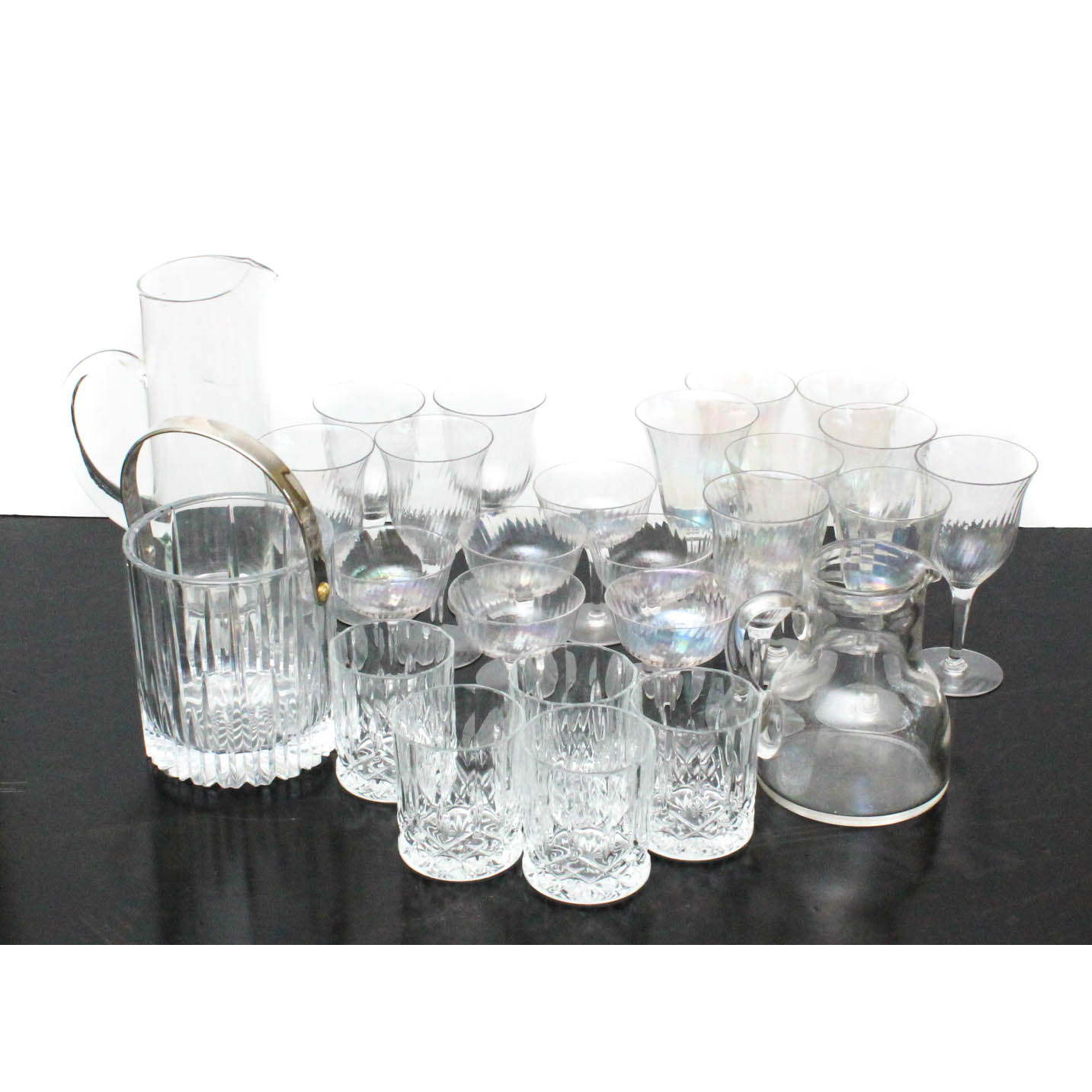 Vintage Hand-Blown Swirl Iridescent Stemware with Assorted Barware