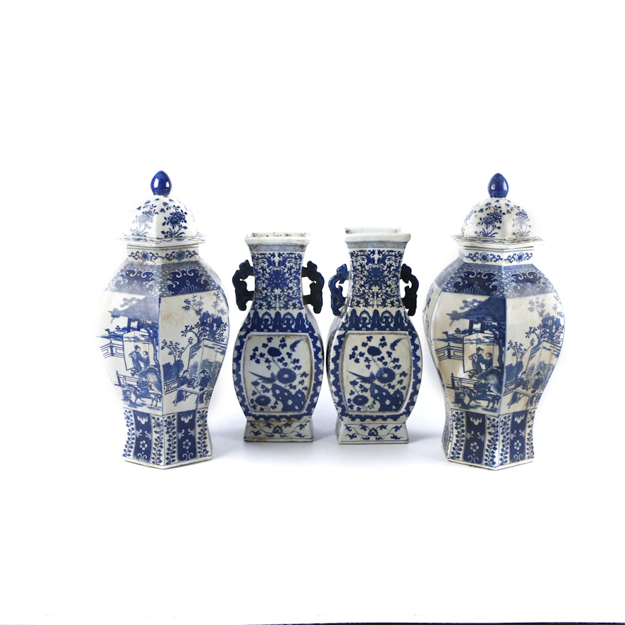 Chinese Hand-Painted Blue and White Decorative Porcelain Vases and Jars