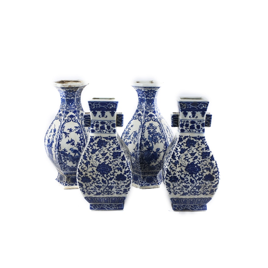 Chinese Hand-Painted Blue and White Decorative Porcelain Vases