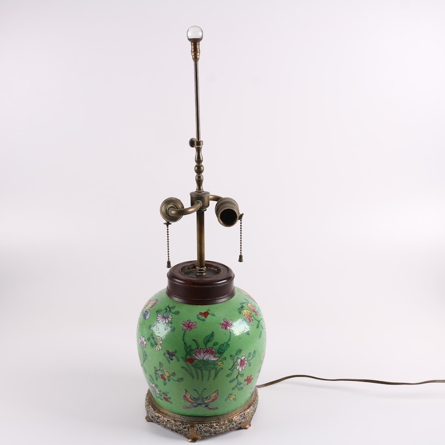 Chinese Famille Verte Style Ceramic Lamp with Reticulated Metal Base