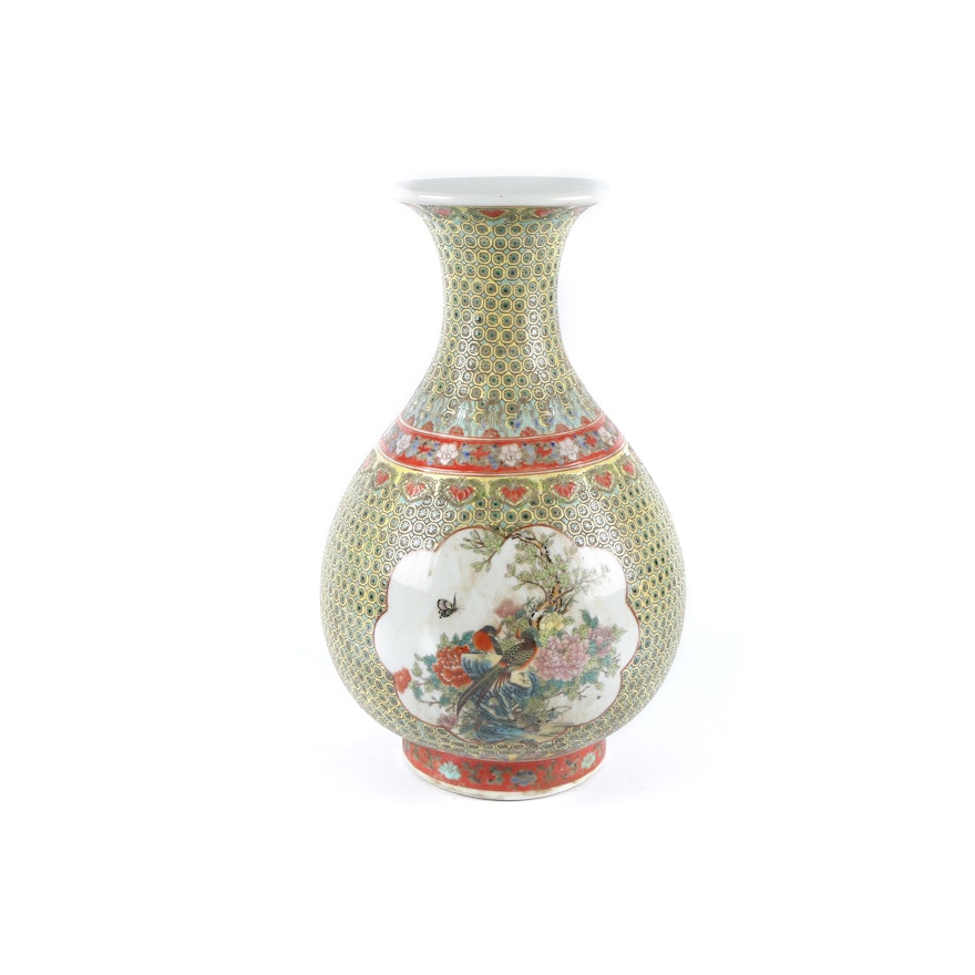 Chinese Flower and Bird Themed Ceramic Vase