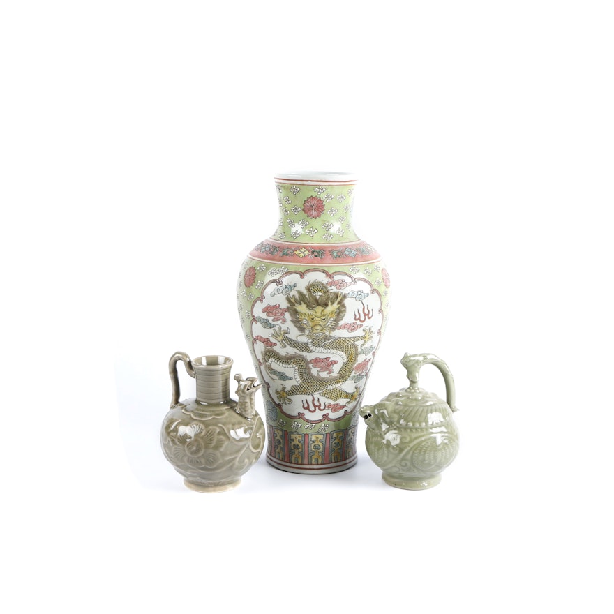 Chinese Celadon Longquan Style Ewers and Famille Verte Style Vase