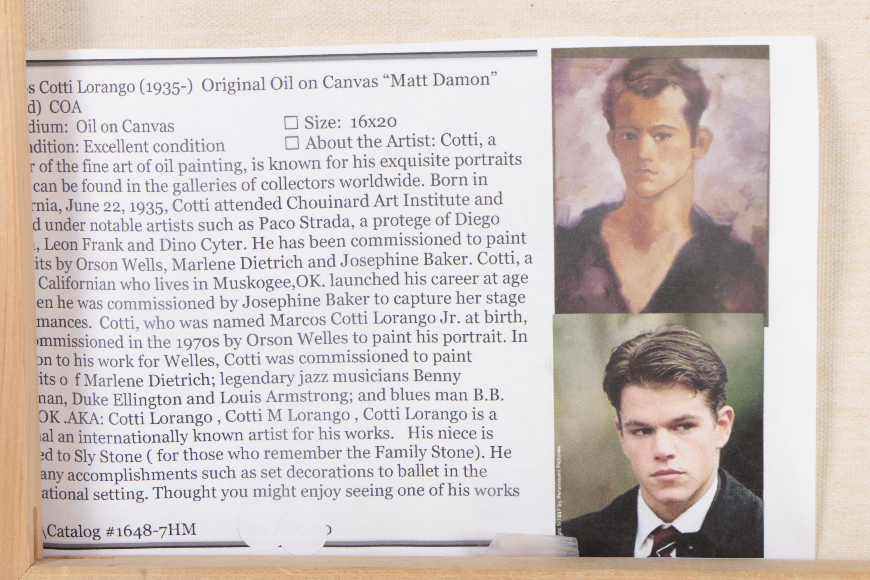 Marcos Cotti Lorango Oil Painting "Matt Damon"