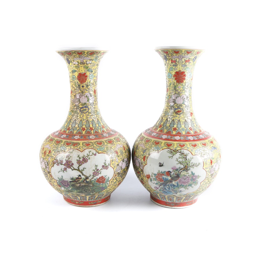 Chinese Famille Jaune Style Flower and Bird Themed Porcelain Vases