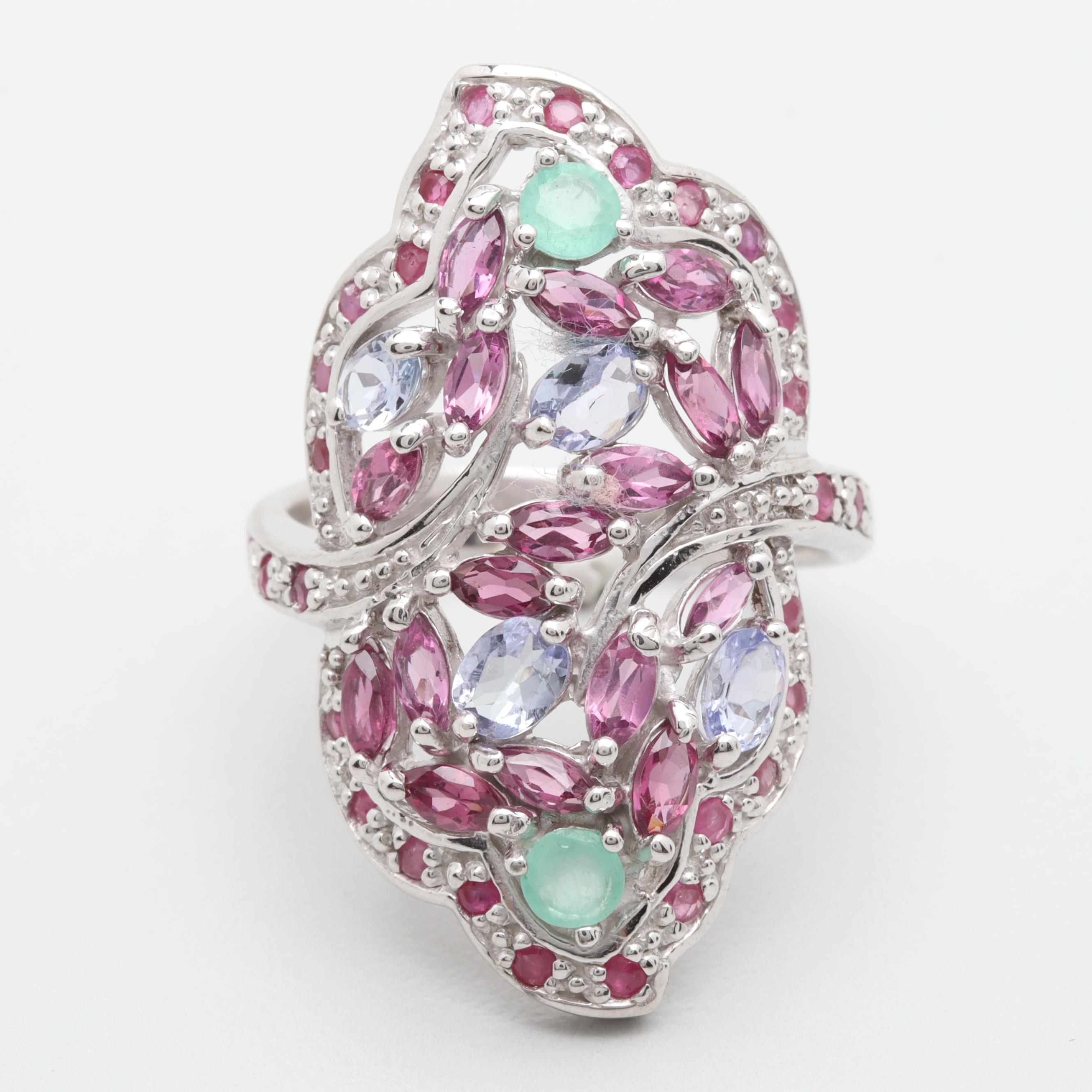 Sterling Silver Emerald, Ruby, Tanzanite, and Rhodolite Garnet Ring
