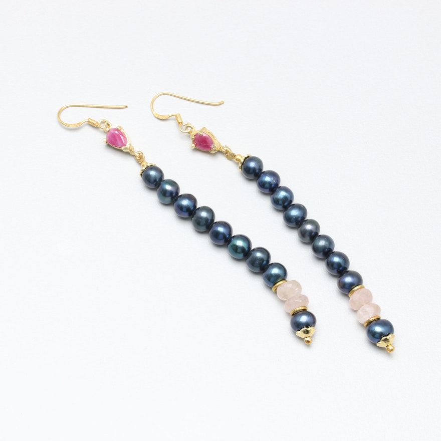 Gold Wash Sterling Silver Cultured Pearl, Rose Quartz, and Ruby Drop Earrings