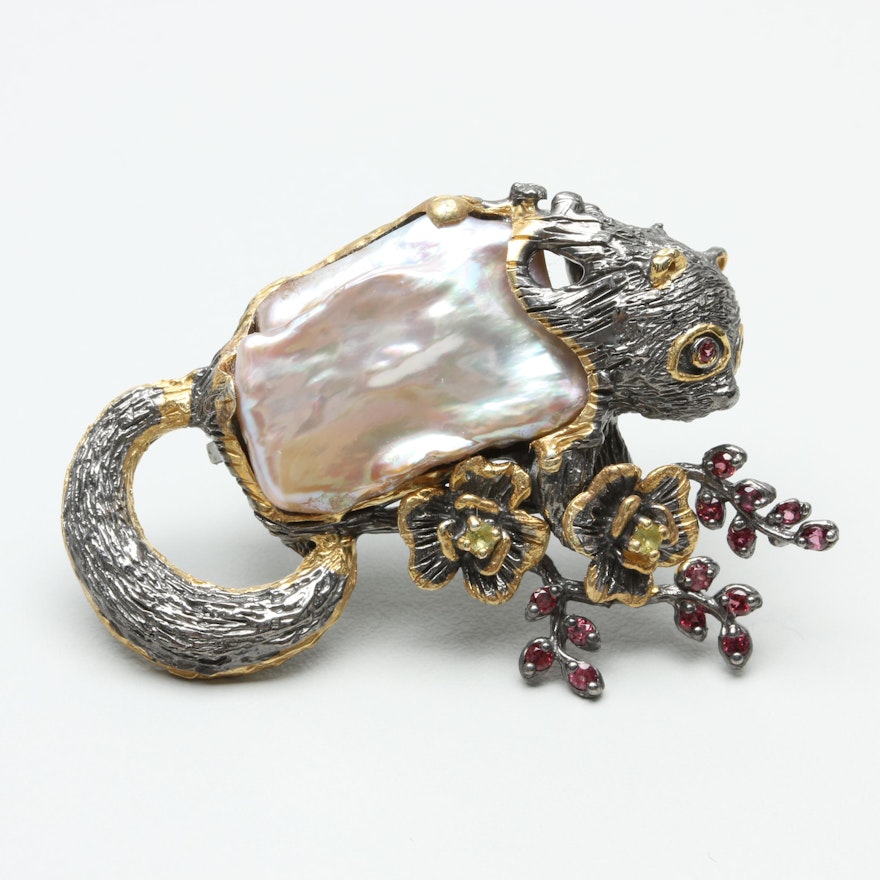 Sterling Silver Cultured Pearl, Rhodolite and Peridot Galago Brooch