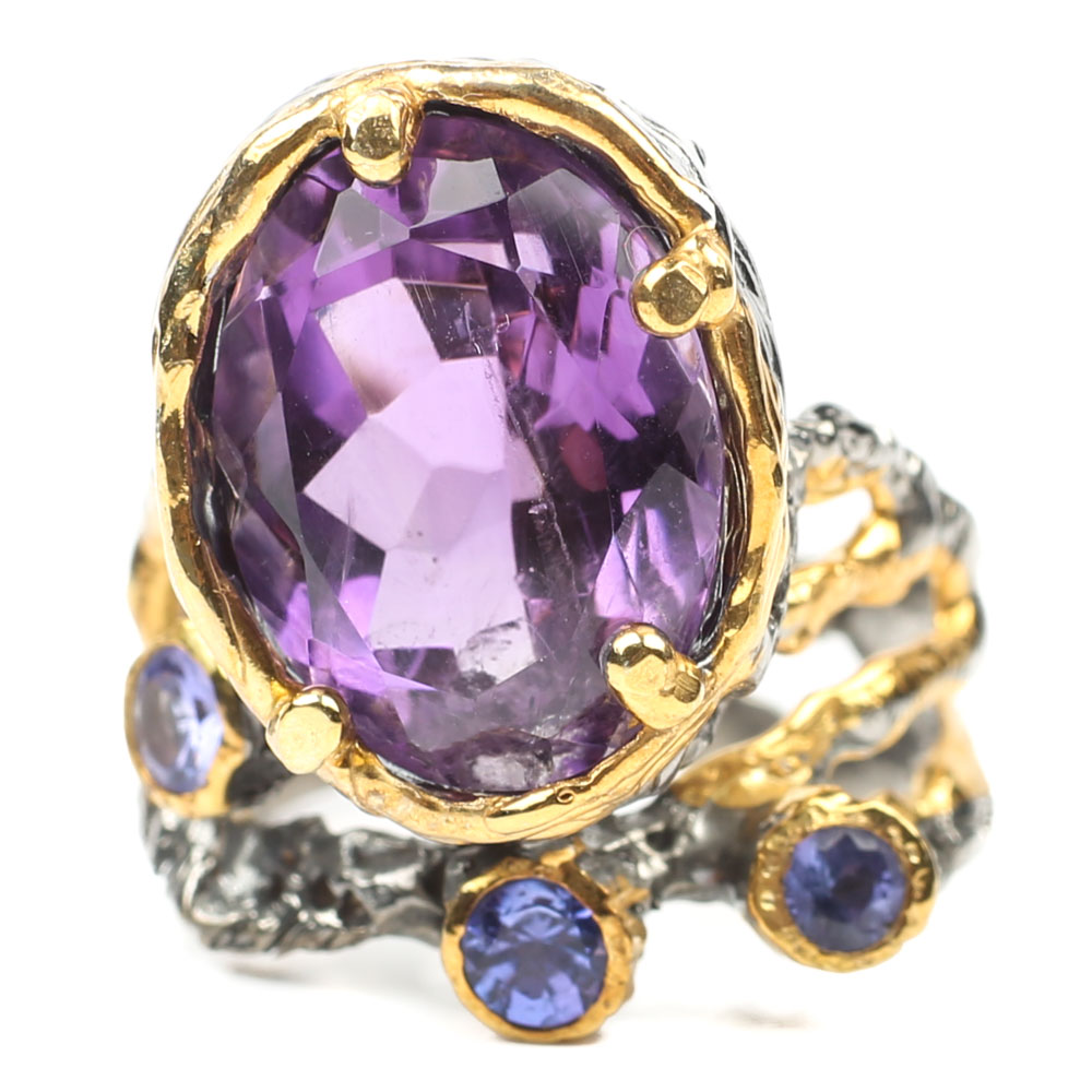 Sterling 9.15 CT Amethyst and Tanzanite Ring with Gold Wash Accents