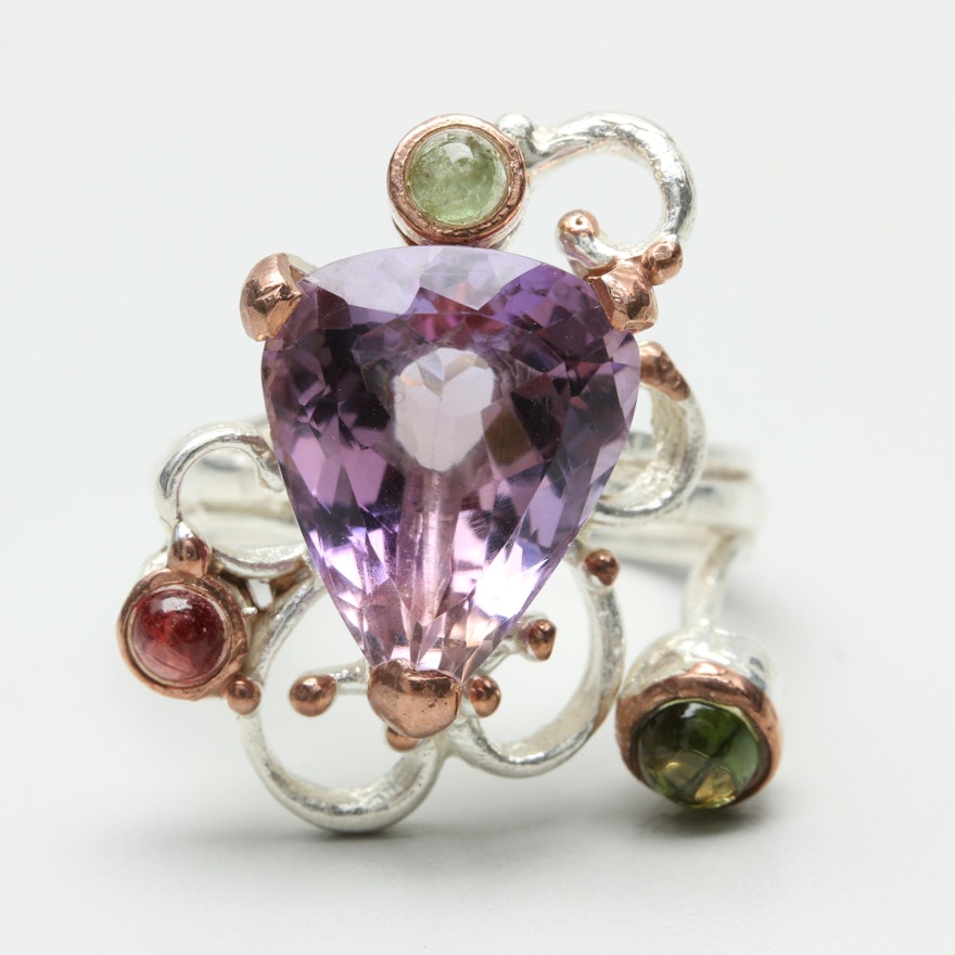 Sterling Silver Amethyst, Tourmaline, and Peridot Abstract Ring