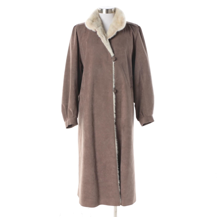 Women's Vintage Taupe Suede Coat with White Mink Fur Collar and Lining