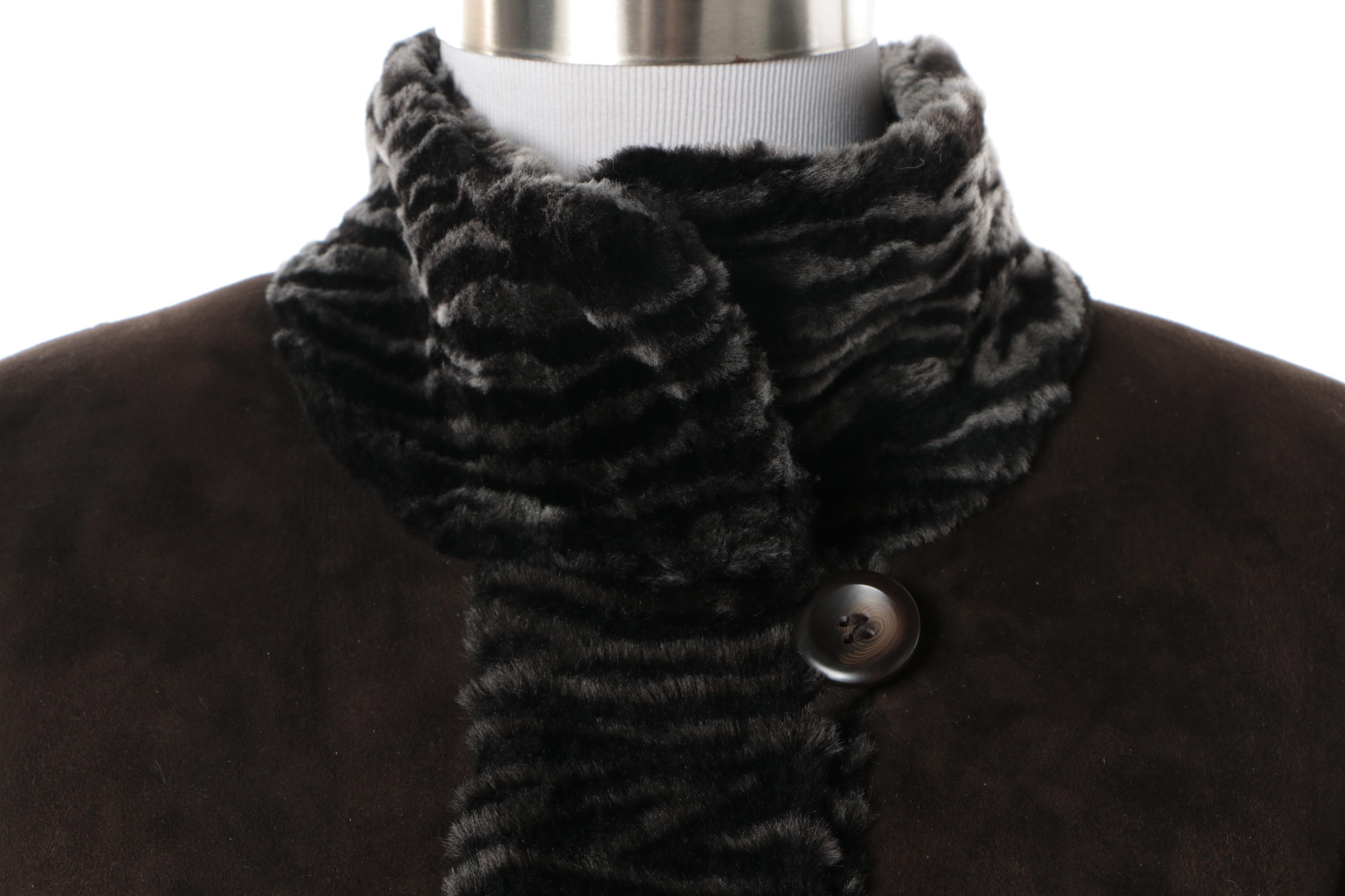 Women's Autunno Shearlings Brown Suede Coat with Black Shearling Trim