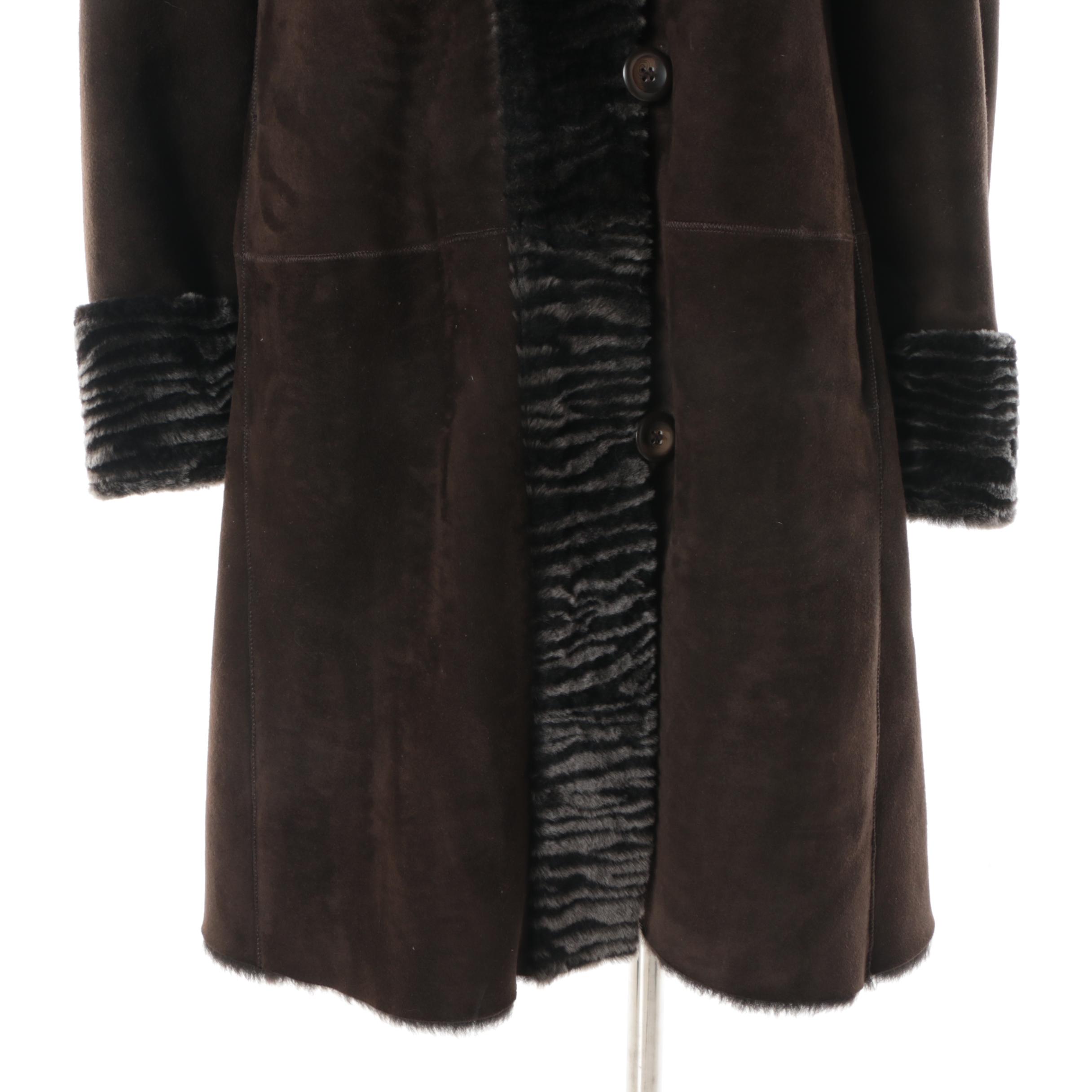 Women's Autunno Shearlings Brown Suede Coat with Black Shearling Trim