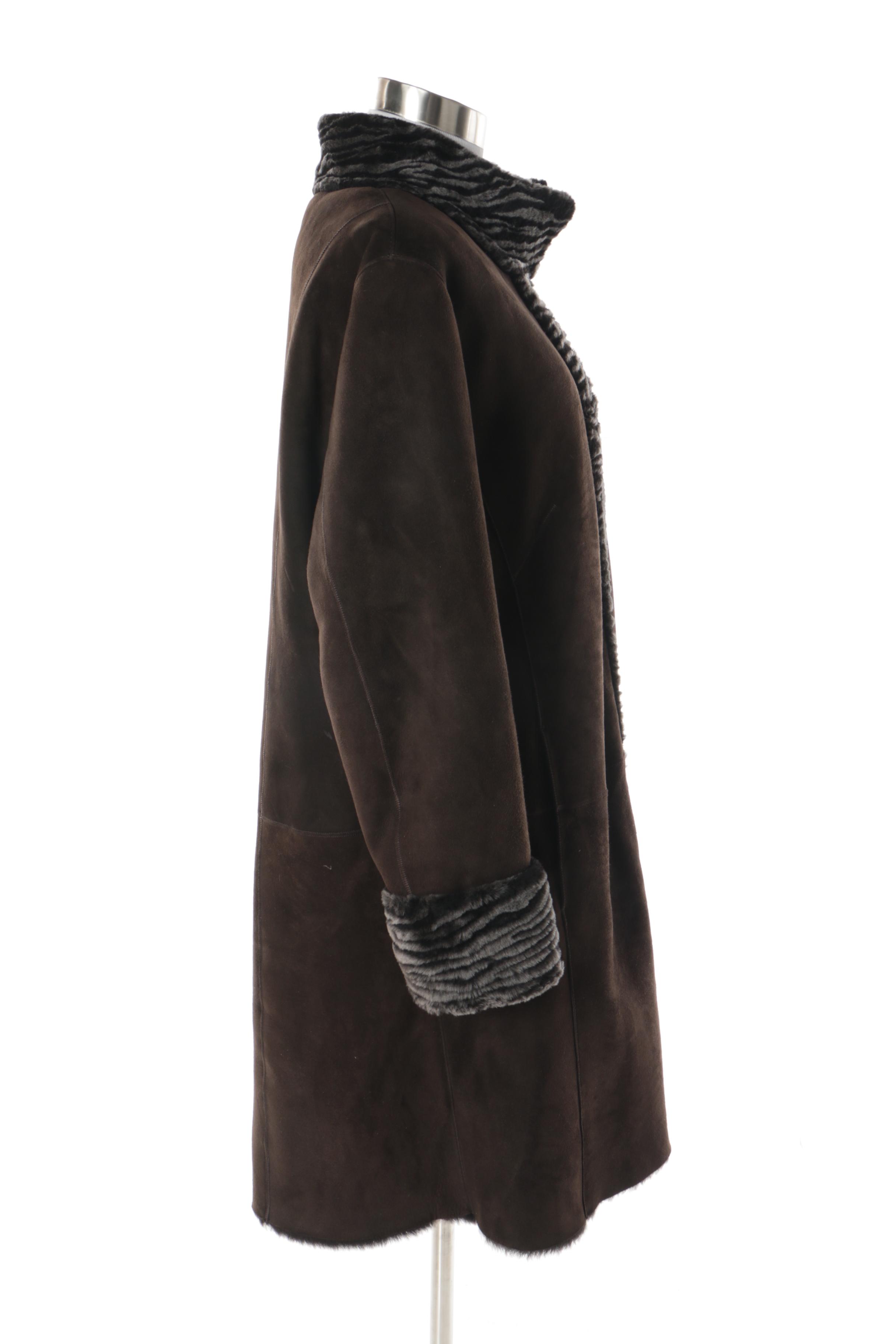 Women's Autunno Shearlings Brown Suede Coat with Black Shearling Trim
