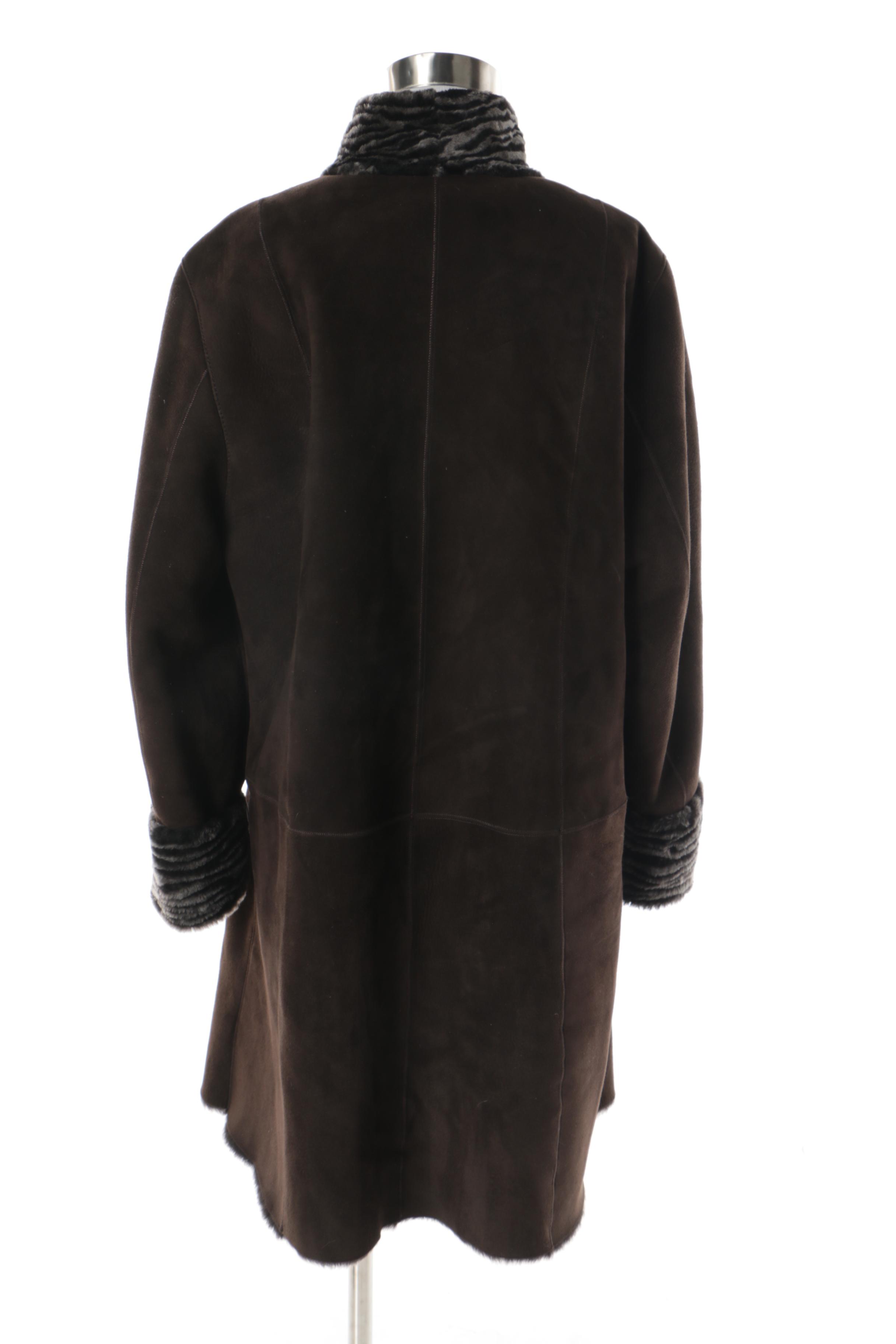 Women's Autunno Shearlings Brown Suede Coat with Black Shearling Trim
