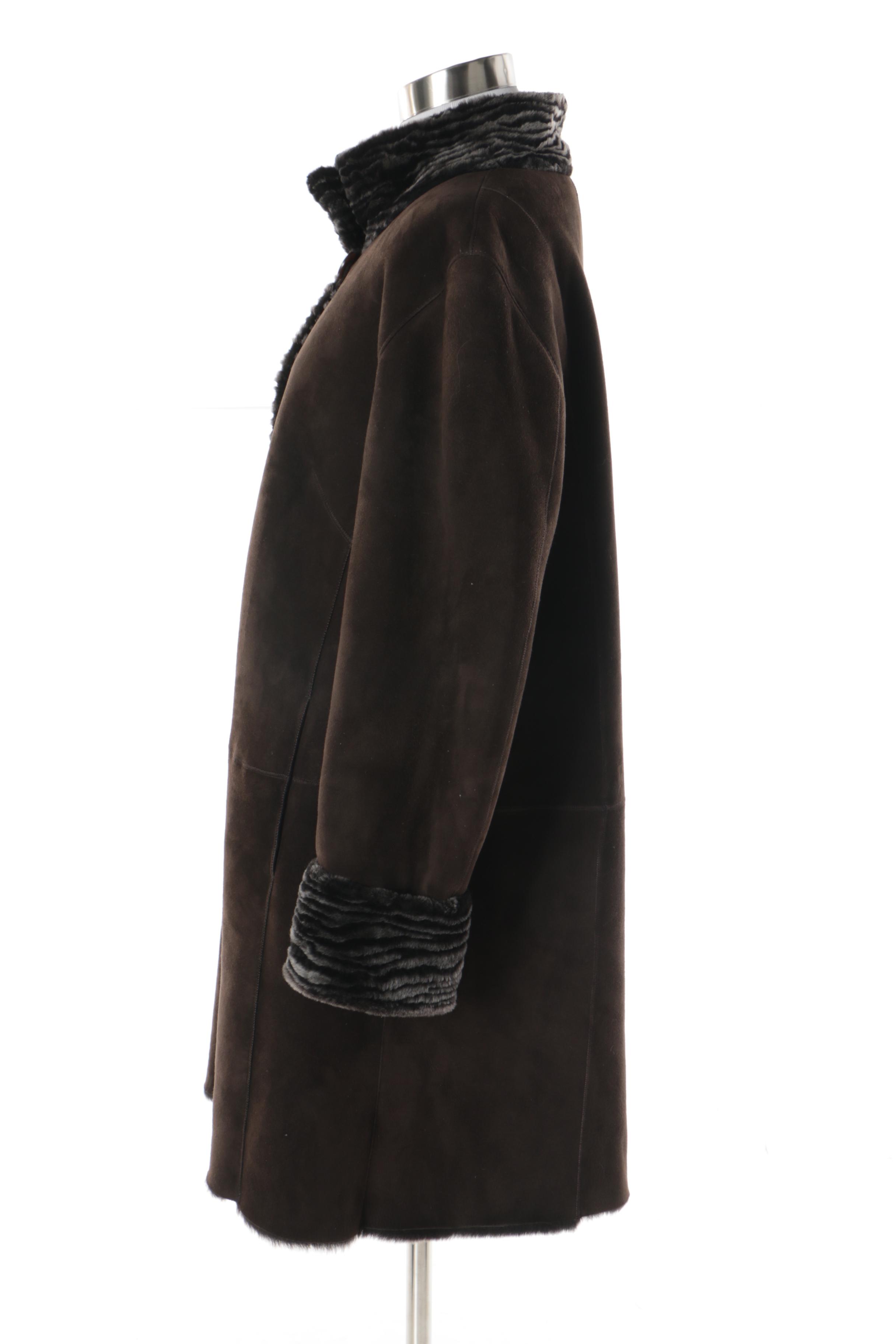 Women's Autunno Shearlings Brown Suede Coat with Black Shearling Trim