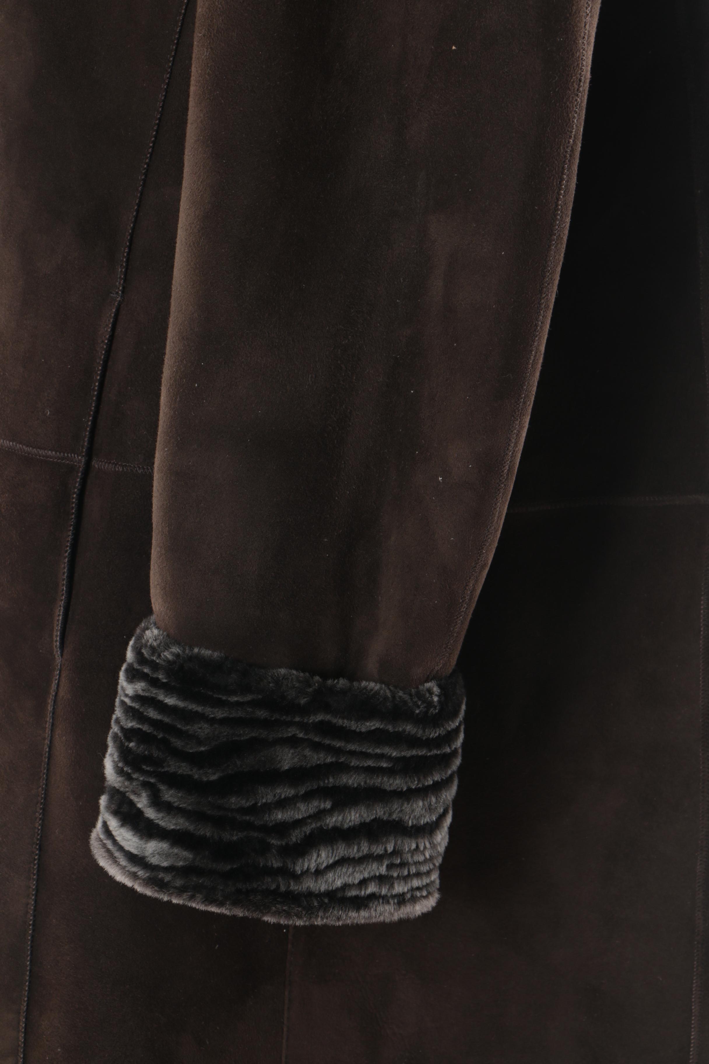 Women's Autunno Shearlings Brown Suede Coat with Black Shearling Trim