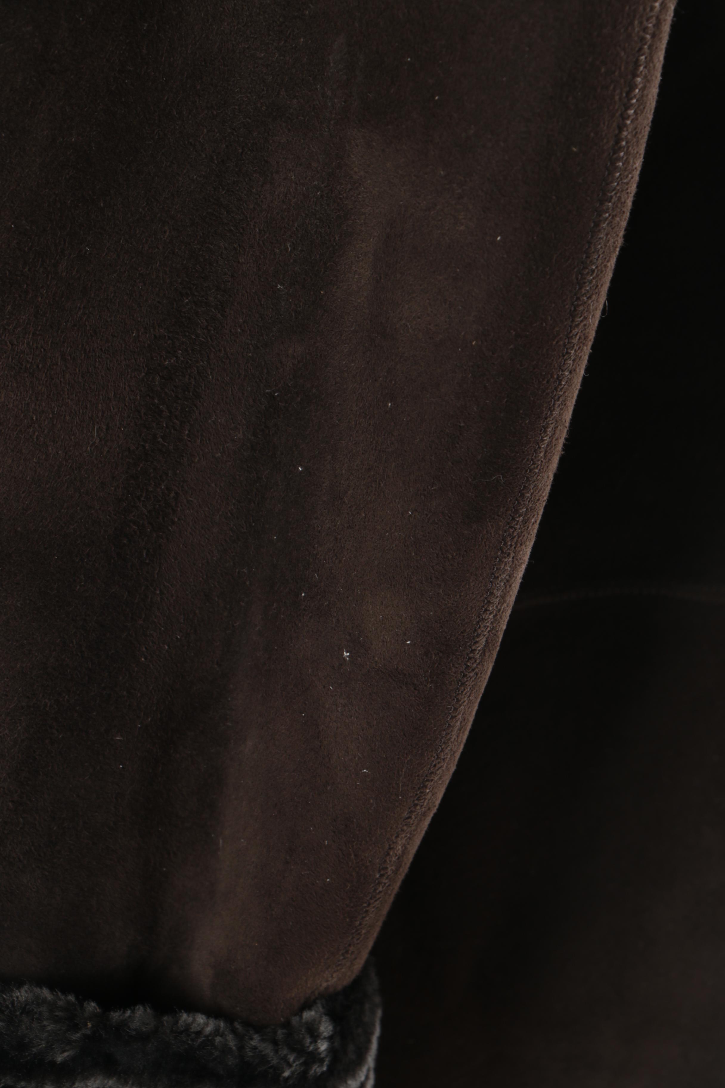 Women's Autunno Shearlings Brown Suede Coat with Black Shearling Trim