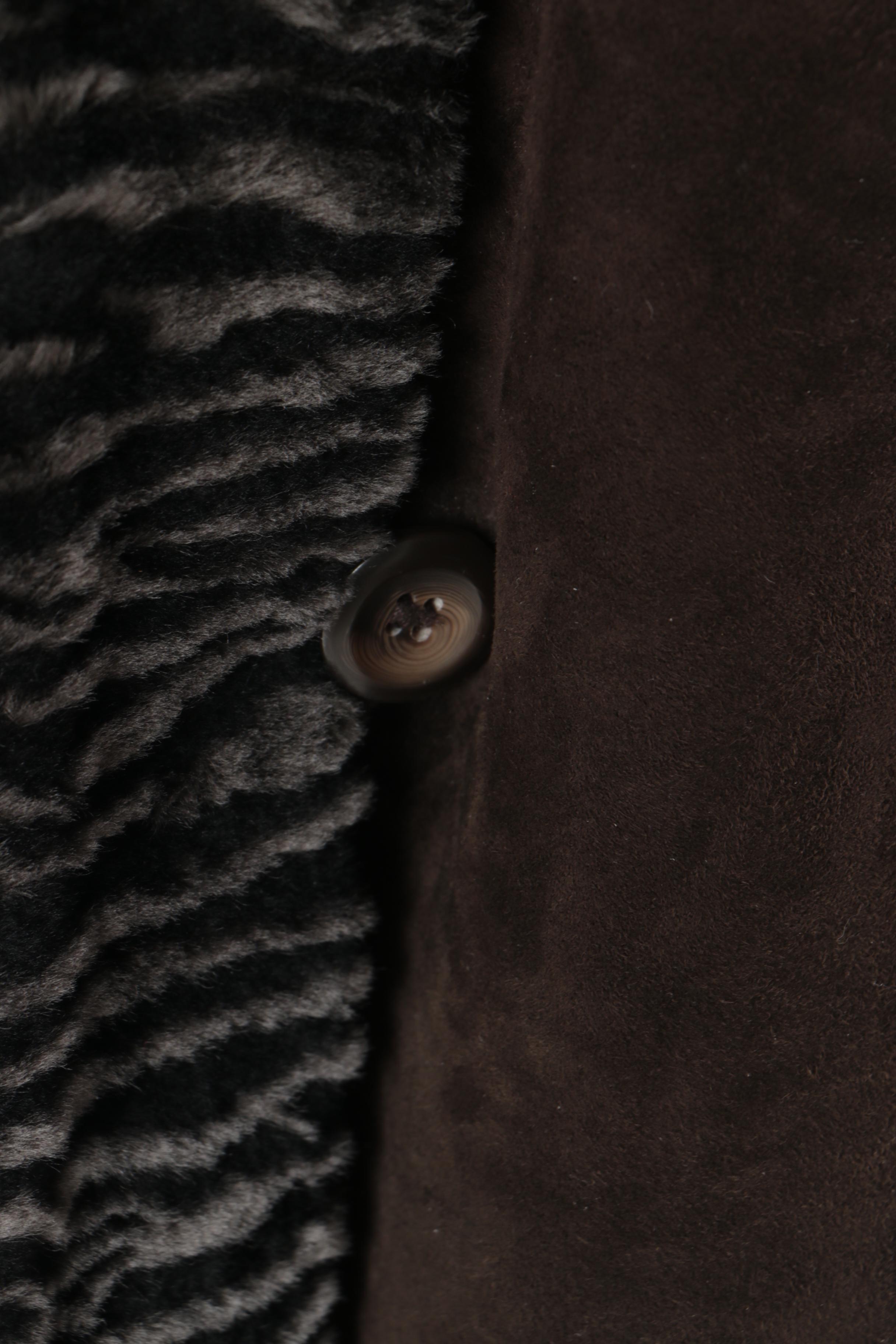 Women's Autunno Shearlings Brown Suede Coat with Black Shearling Trim