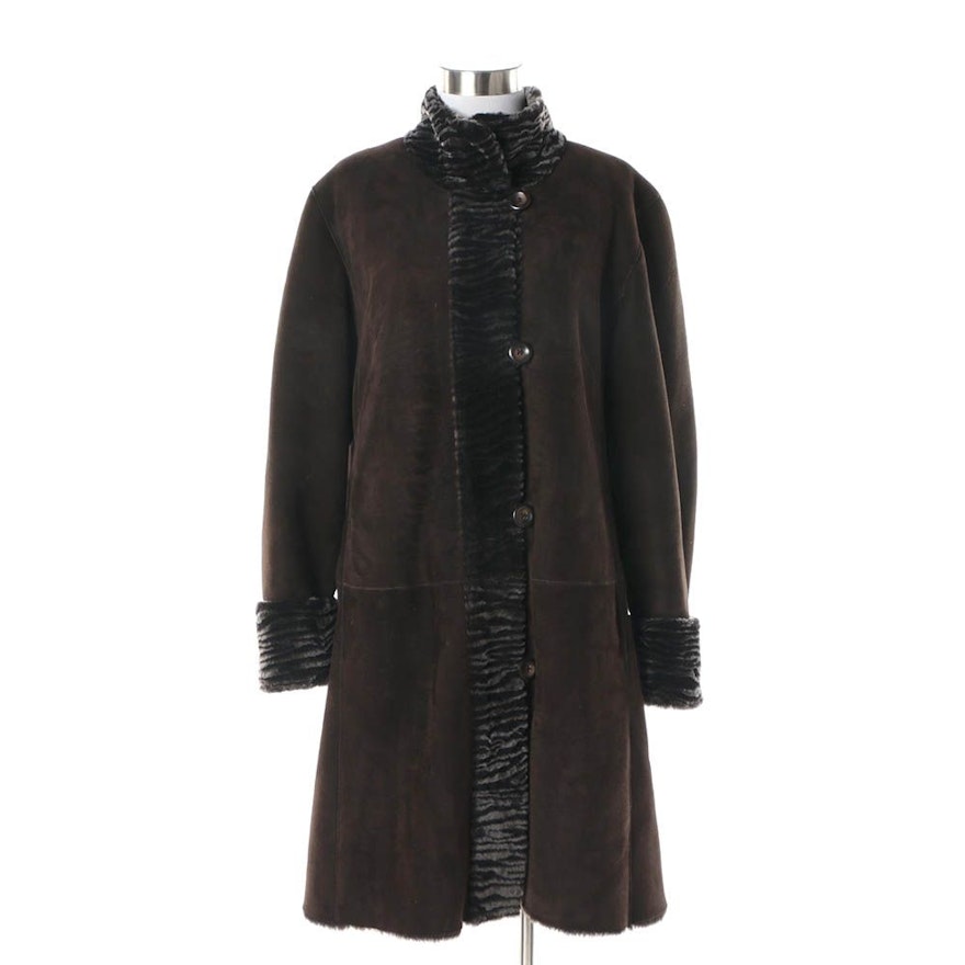 Women's Autunno Shearlings Brown Suede Coat with Black Shearling Trim