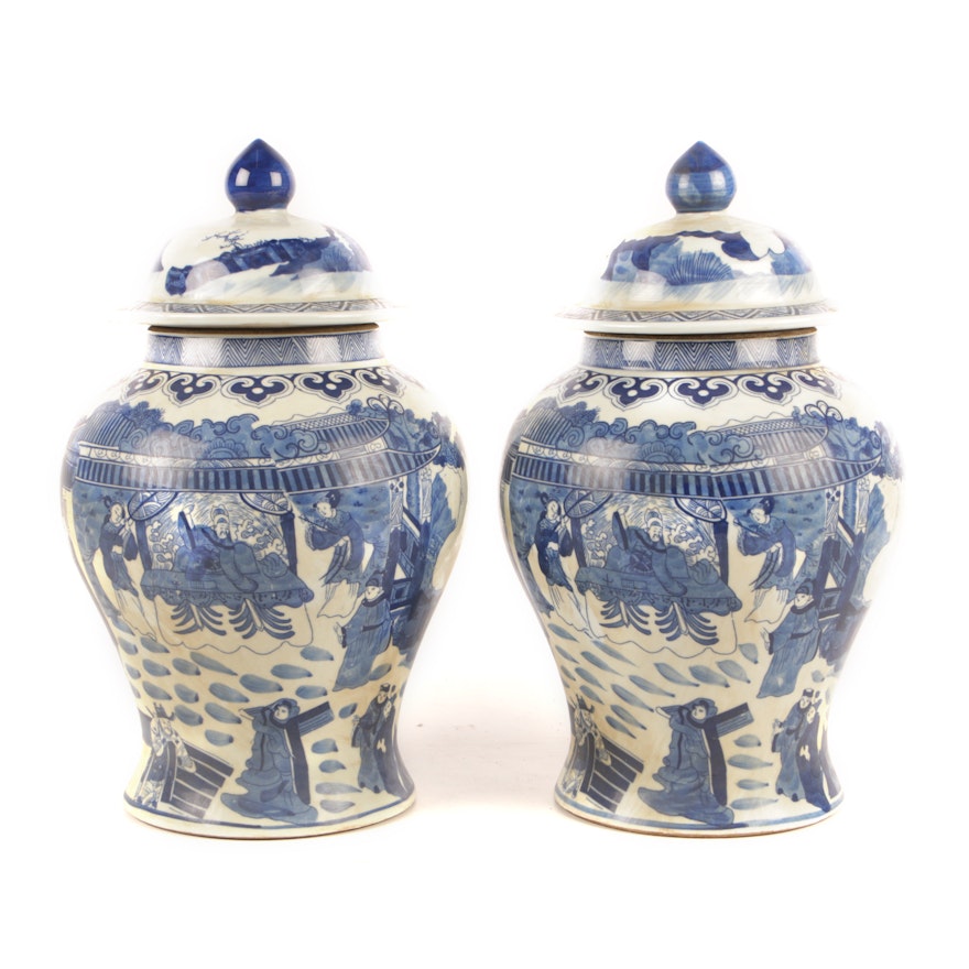 Chinese Blue and White Transferware Ginger Jars with Figural Scenes