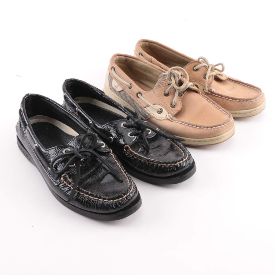 Women's Sperry Top-Sider Black Patent Leather and Beige Leather Boat Shoes