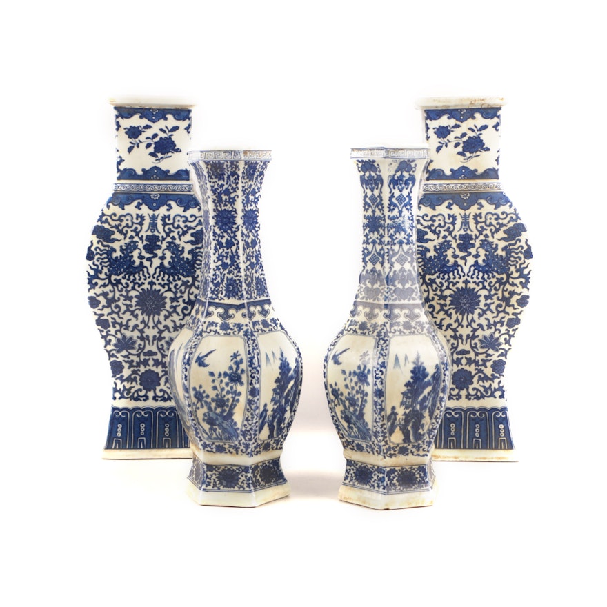 Chinese Hand-Painted Blue and White Porcelain Vases