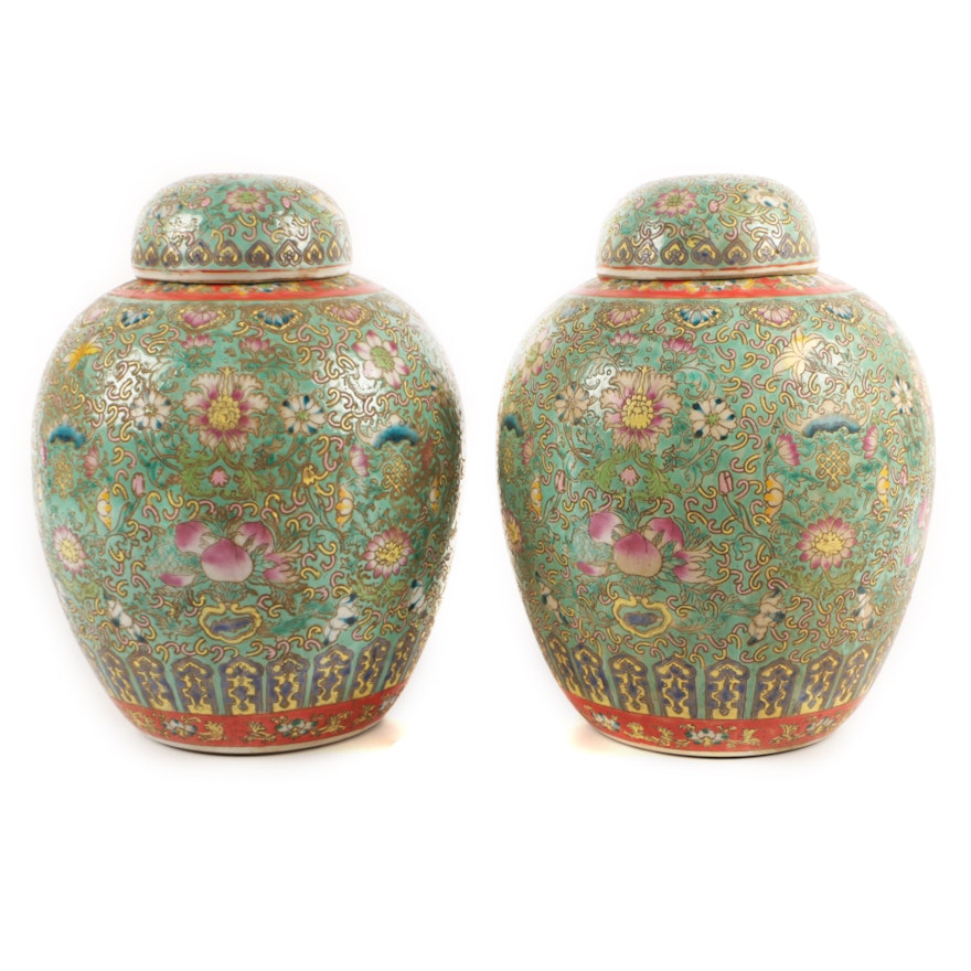 Chinese Famille Verte Style Floral Themed Ceramic Ginger Jars